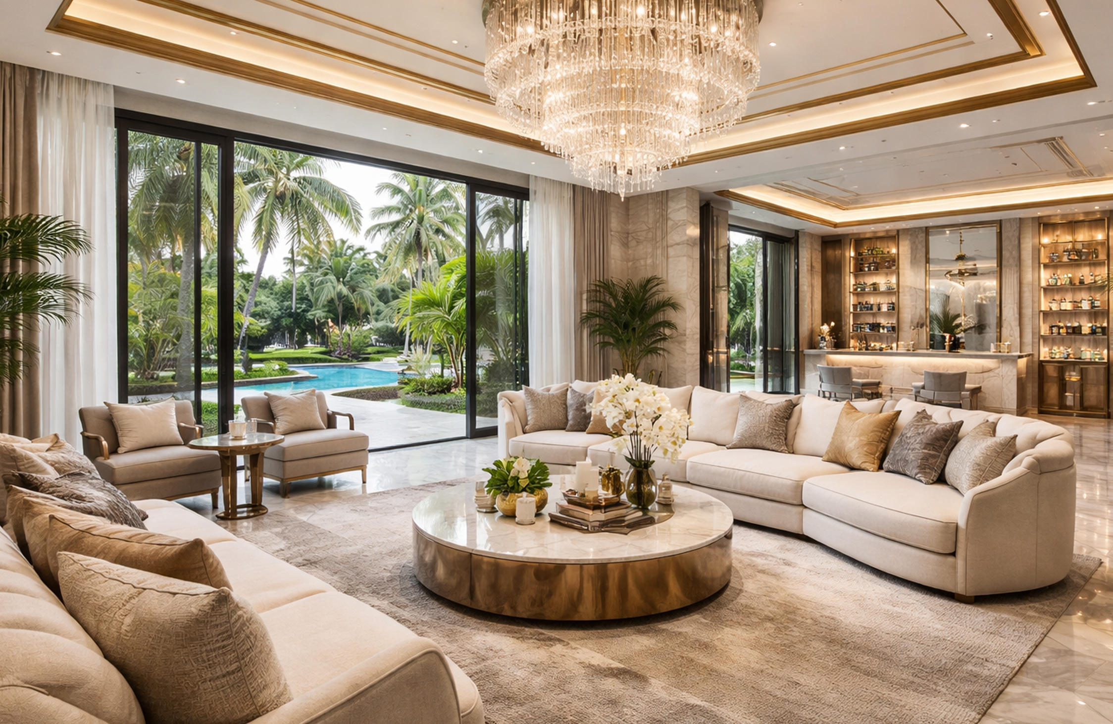 Modern luxury living room interior design in Ahmedabad villa with neutral tones and comfort