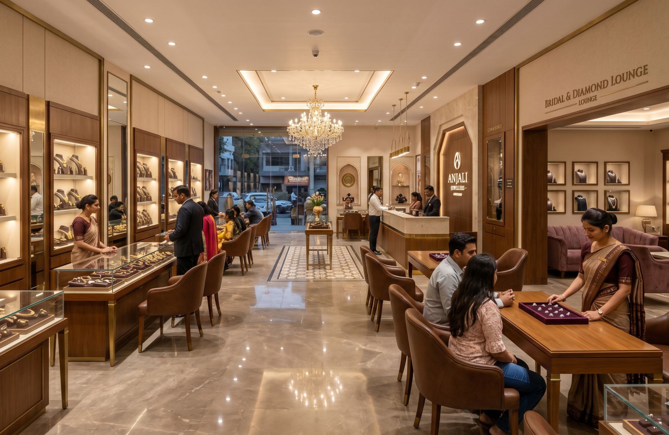 Luxury materials like marble and wood used in jewelry store interior design Ahmedabad