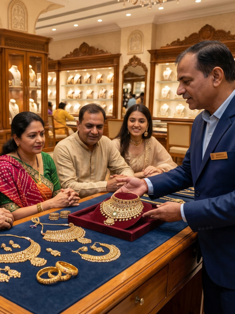 Premium jewelry display design in Ahmedabad store with glass showcases and minimal layout