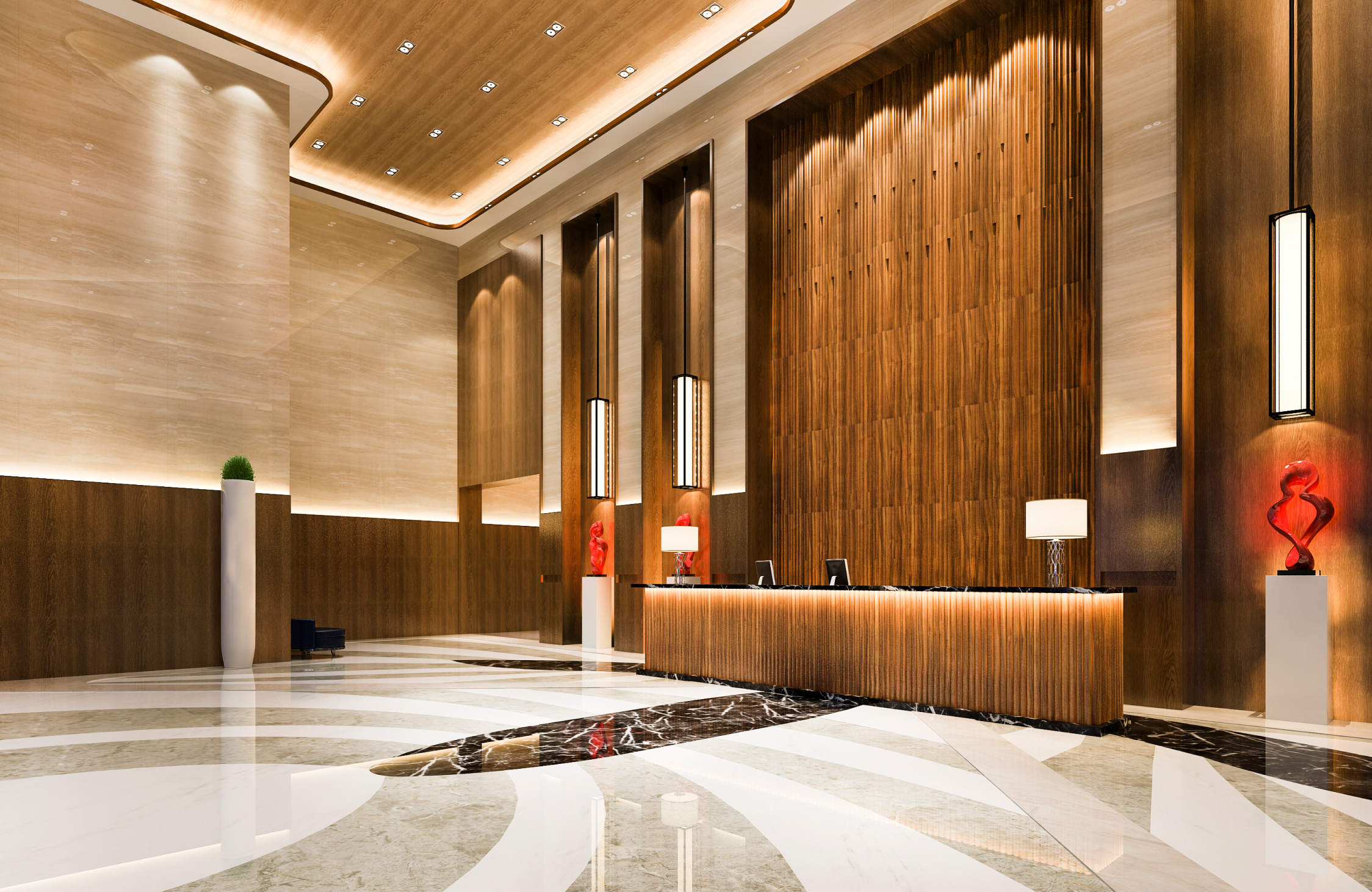 Grand hotel lobby interior design in Ahmedabad with luxury décor, elegant seating, and premium hospitality ambience