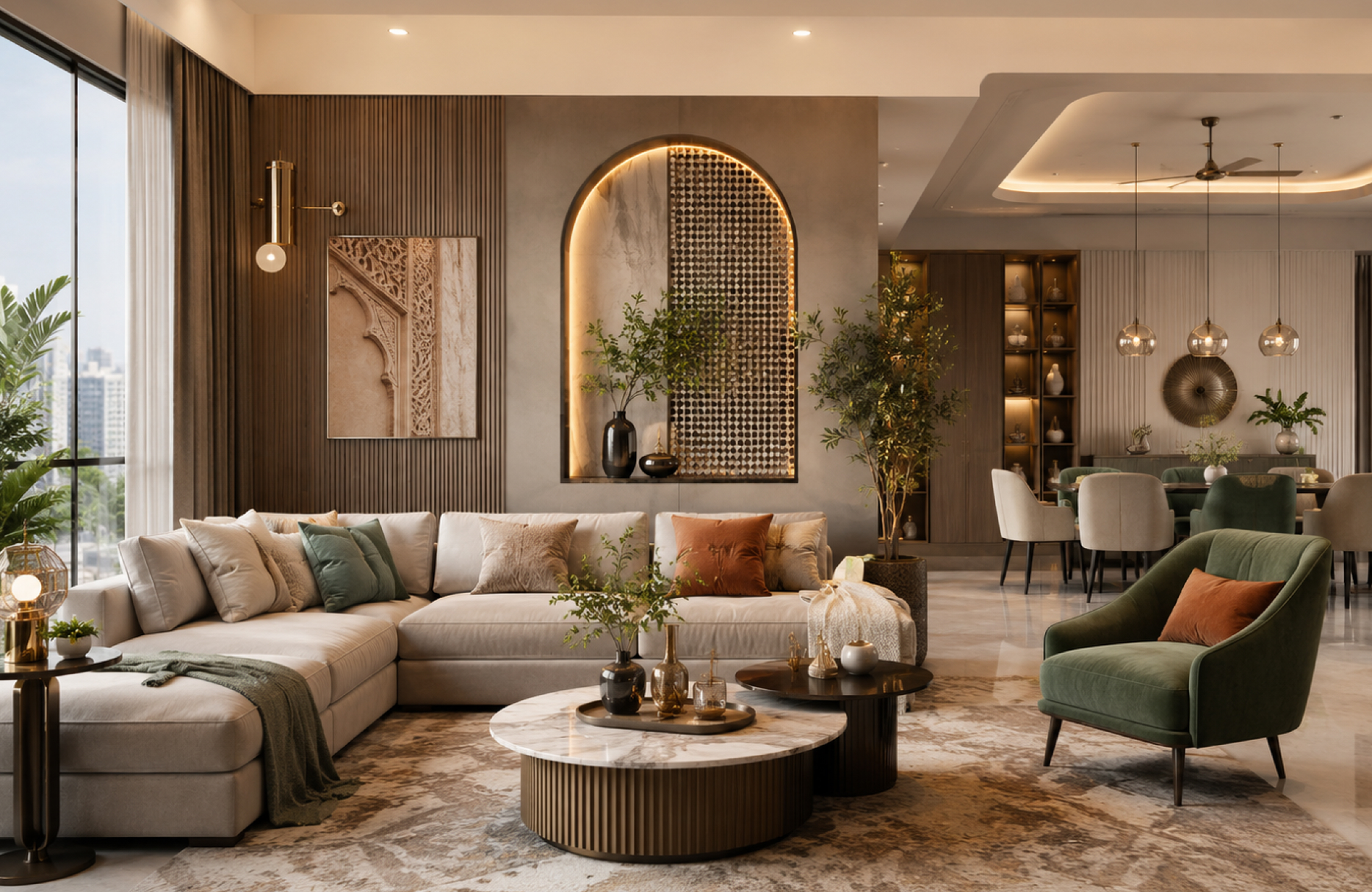 Modern lighting design in 3 BHK interior Ahmedabad enhancing ambiance and functionality