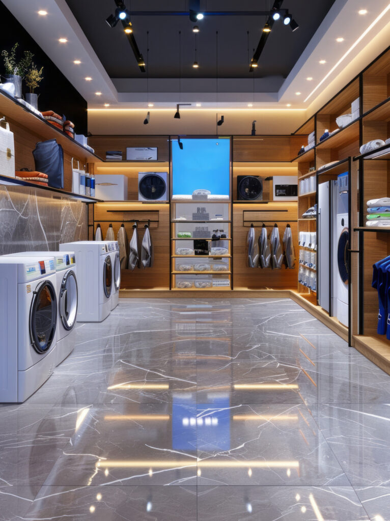 Modern electronics showroom interior with smart display counters and interactive customer experience zones