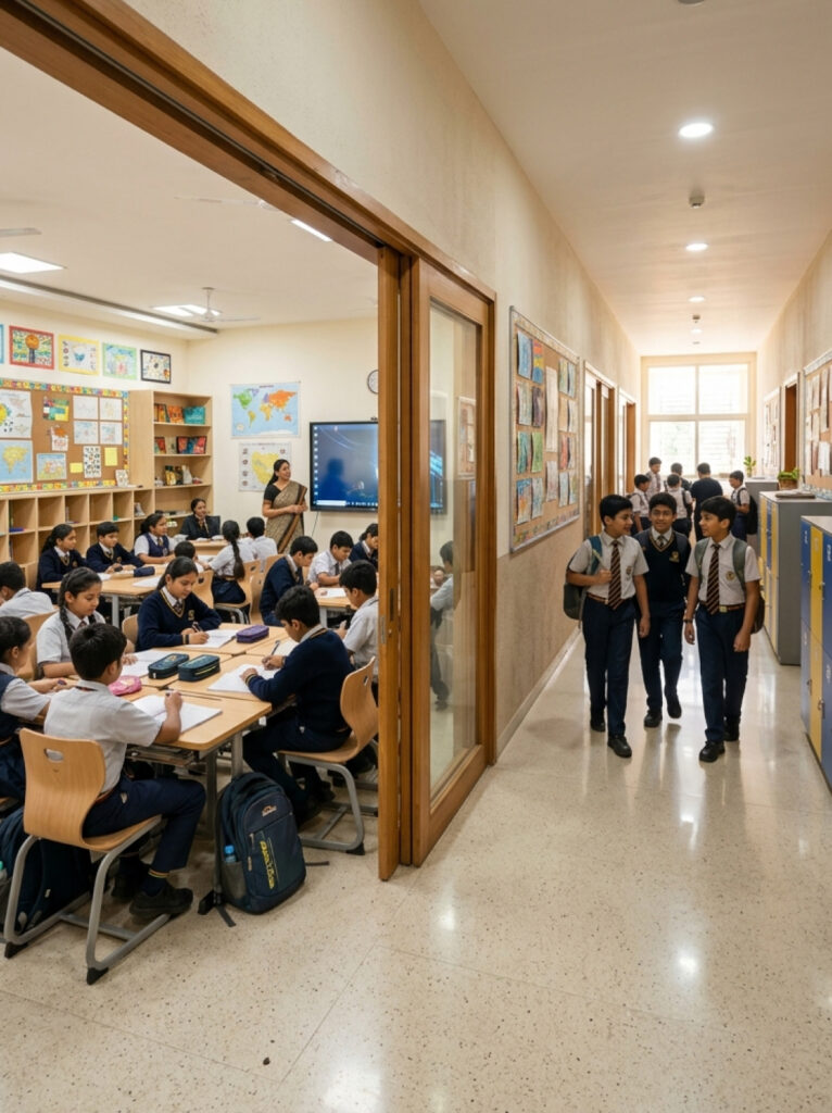 Modern classroom interior design in Ahmedabad with ergonomic furniture and interactive learning setup