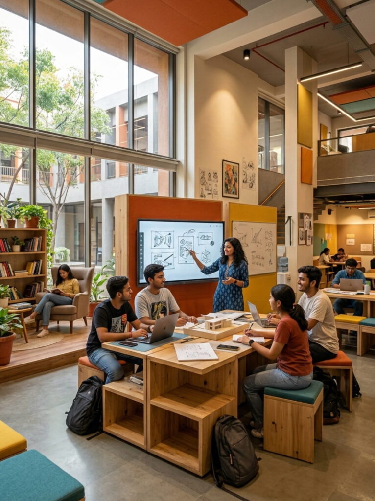 Modern student cafeteria and campus commons interior design in Ahmedabad