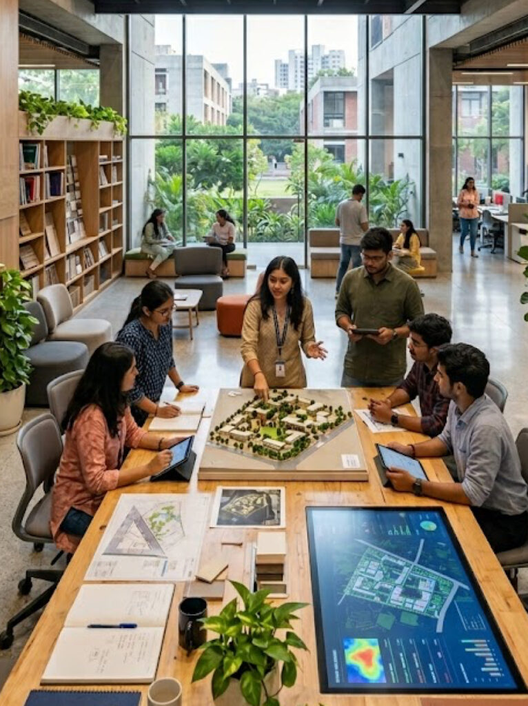 Technology-integrated learning spaces with smart classrooms and digital education infrastructure in Ahmedabad