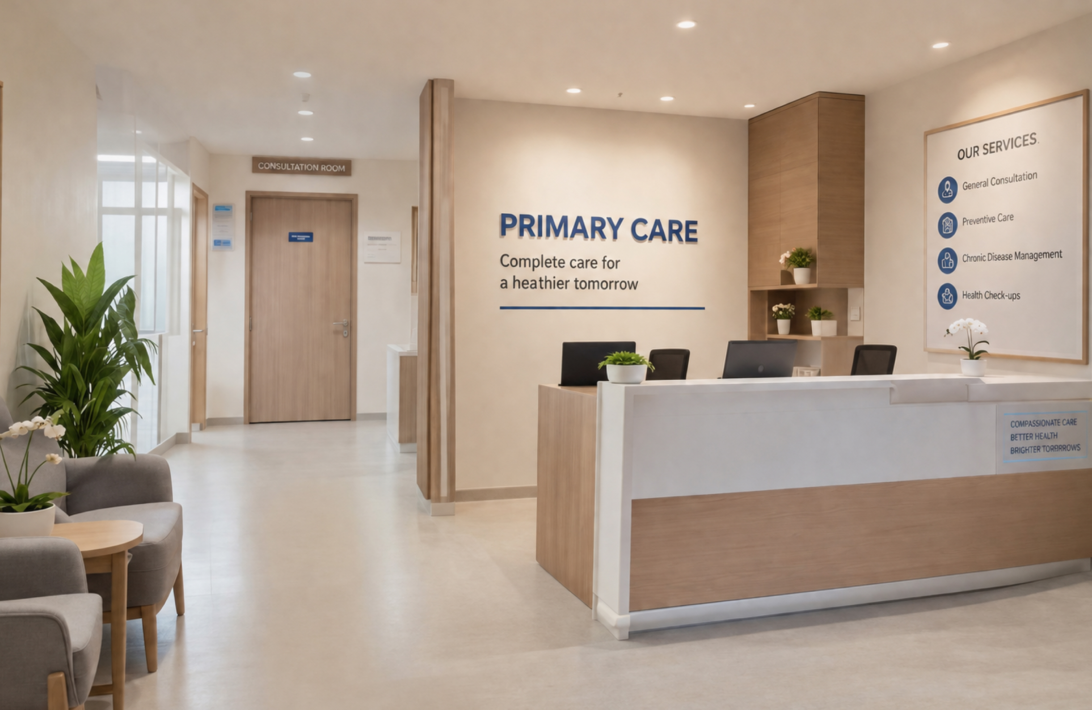 Professional clinic reception interior design in Ahmedabad featuring welcoming reception desk and comfortable patient waiting area