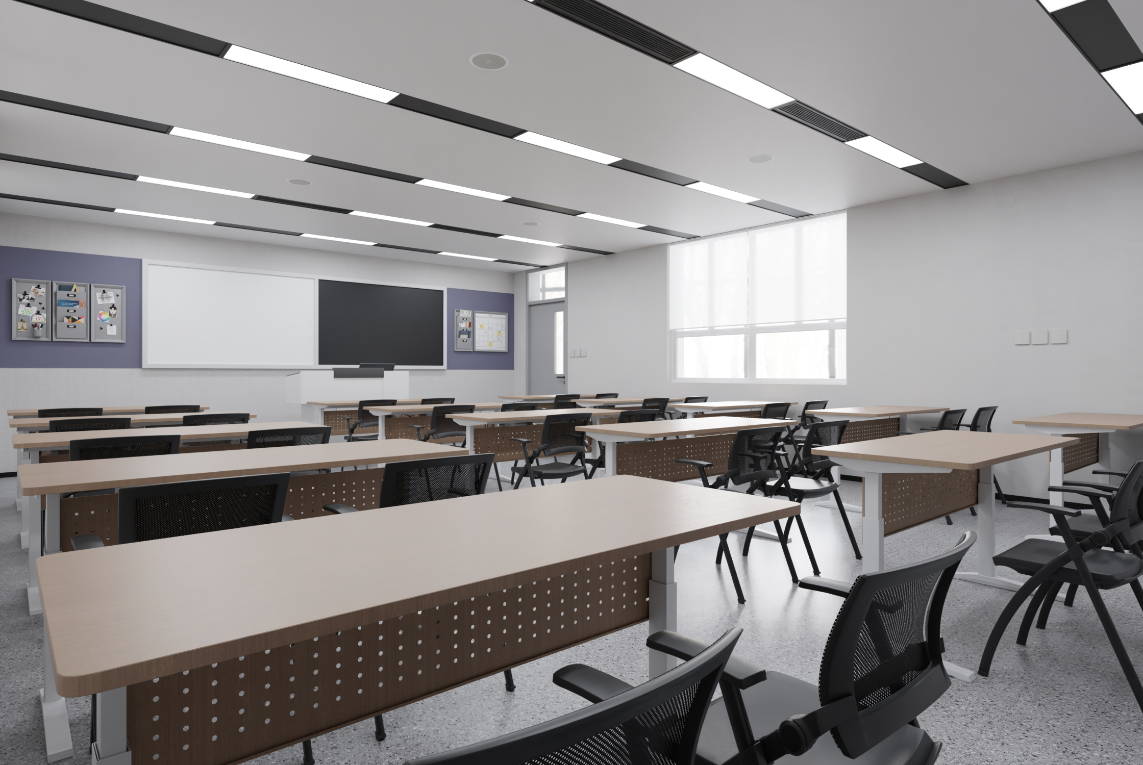 Coaching classroom interior design in Ahmedabad with comfortable study desks, digital learning setup, and student-friendly educational environment