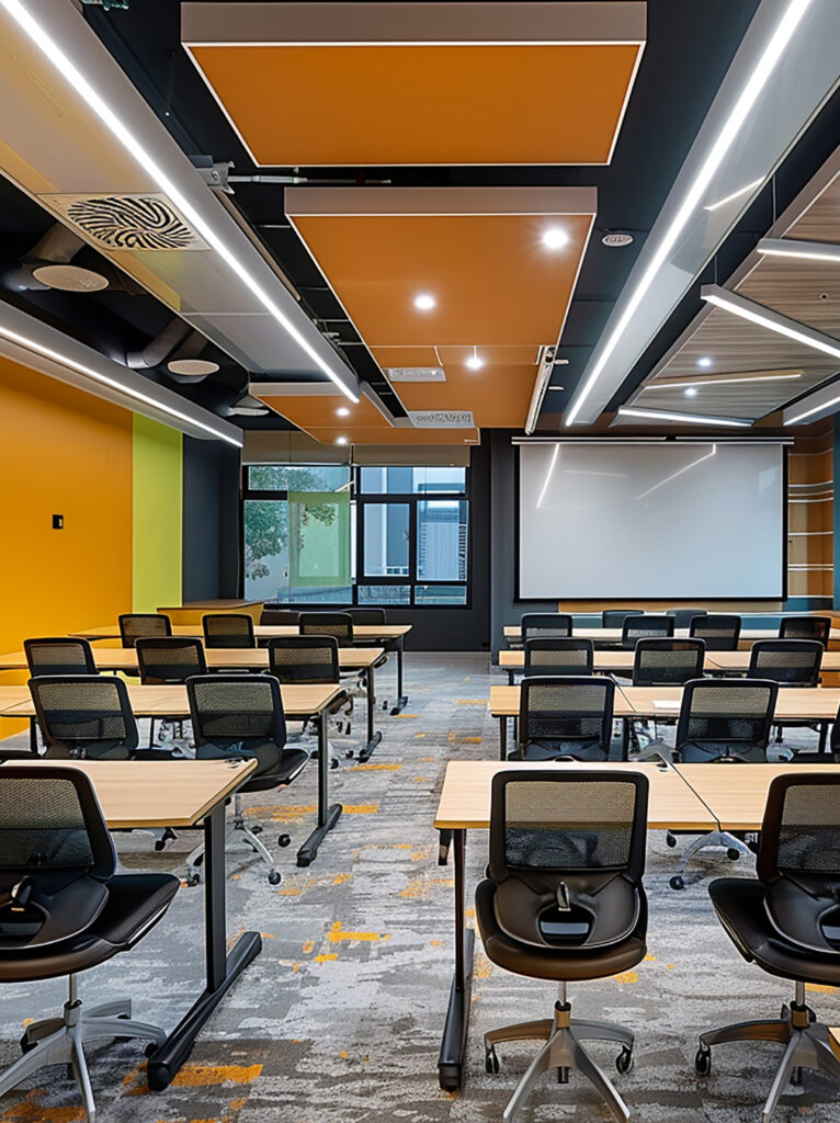 Coaching institute lighting design in Ahmedabad with energy-efficient LED lighting and bright classrooms that improve learning comfort