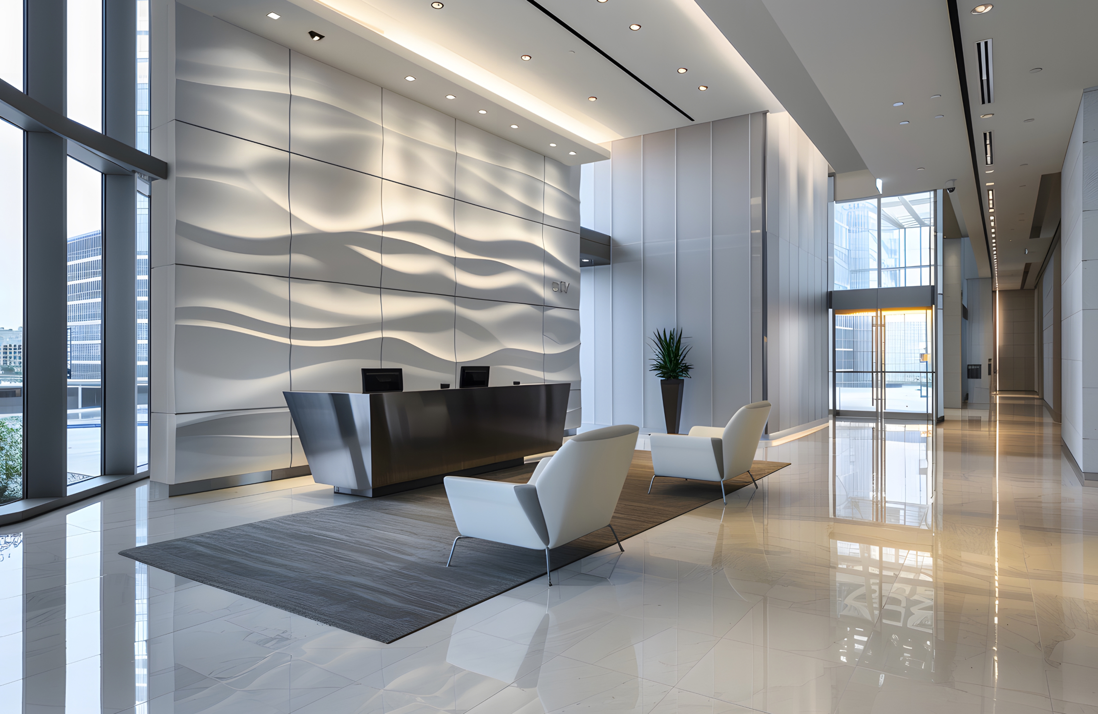 Professional corporate office reception design with modern branding