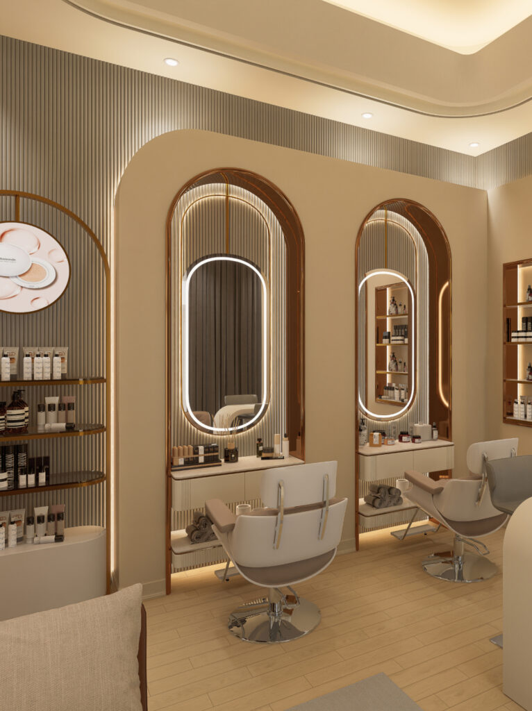 Luxury beauty salon interior in Ahmedabad featuring premium finishes, elegant lighting, and sophisticated décor