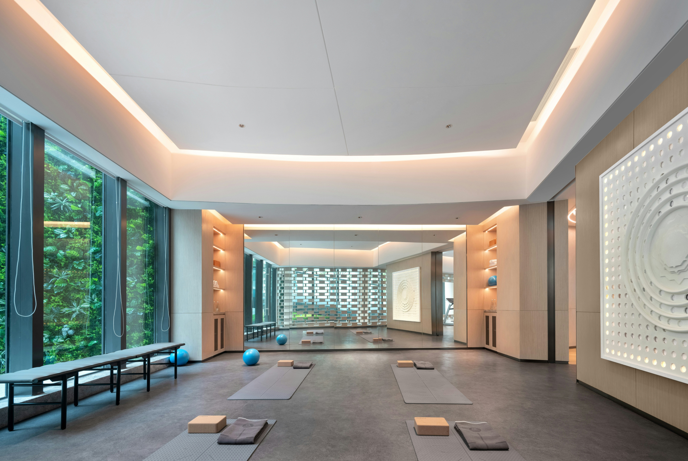 Luxury wellness center interiors in Ahmedabad combining elegant finishes, natural textures, peaceful ambience, and holistic healing environments
