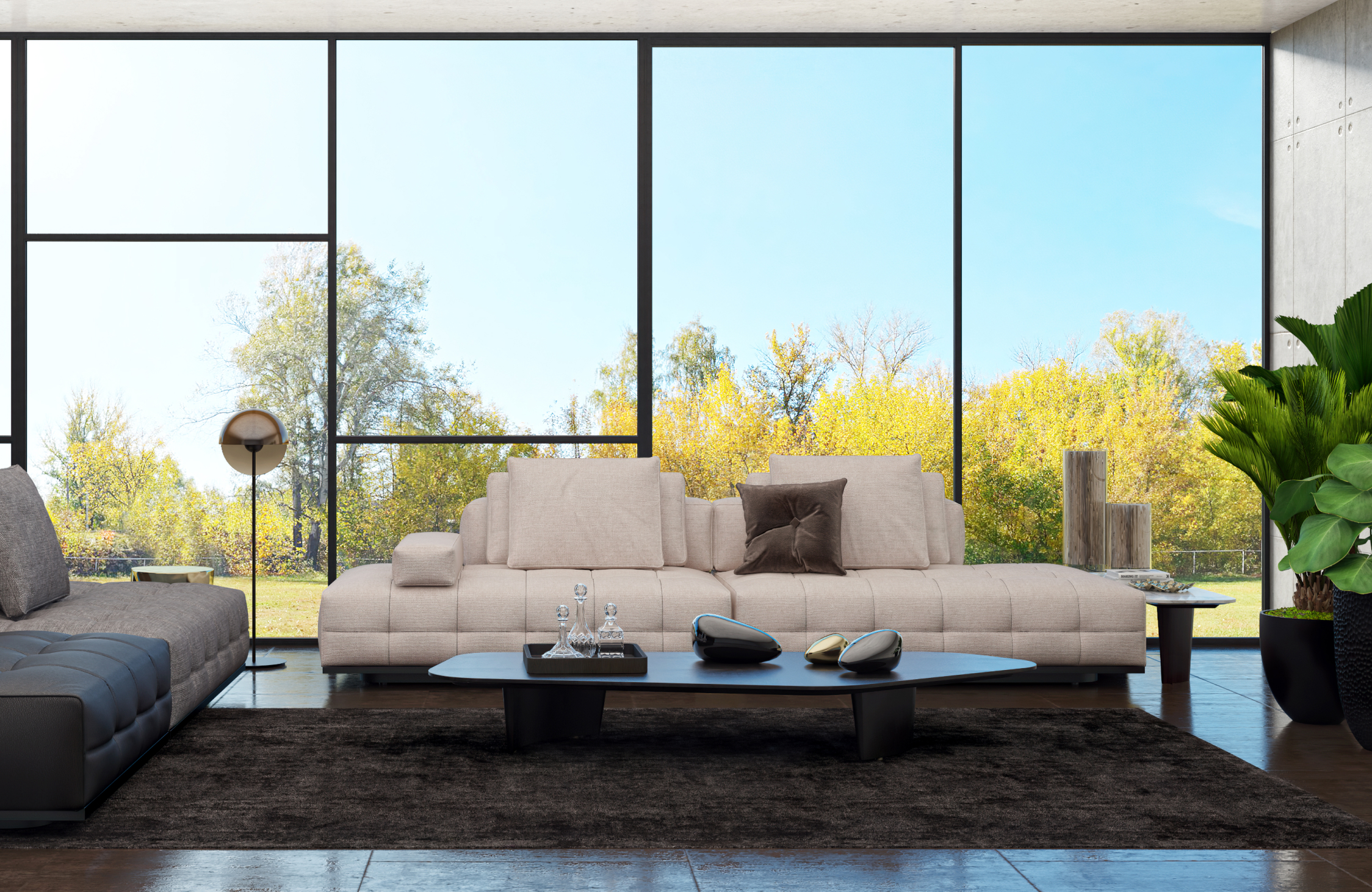 Elegant luxury penthouse space planning with balanced furniture placement and spacious circulation.
