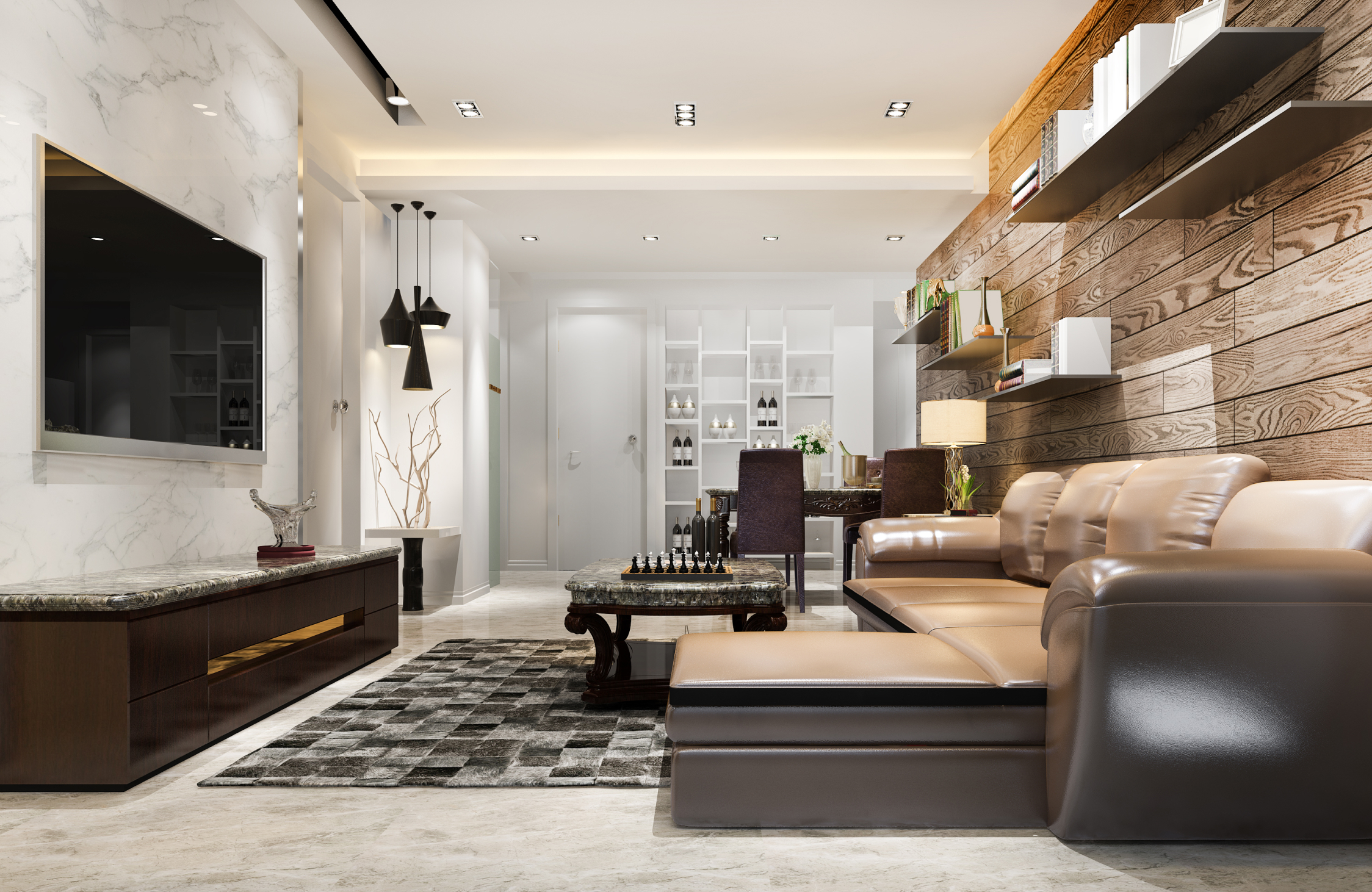 Elegant studio apartment living space with modern seating, layered lighting, premium finishes, and functional design.