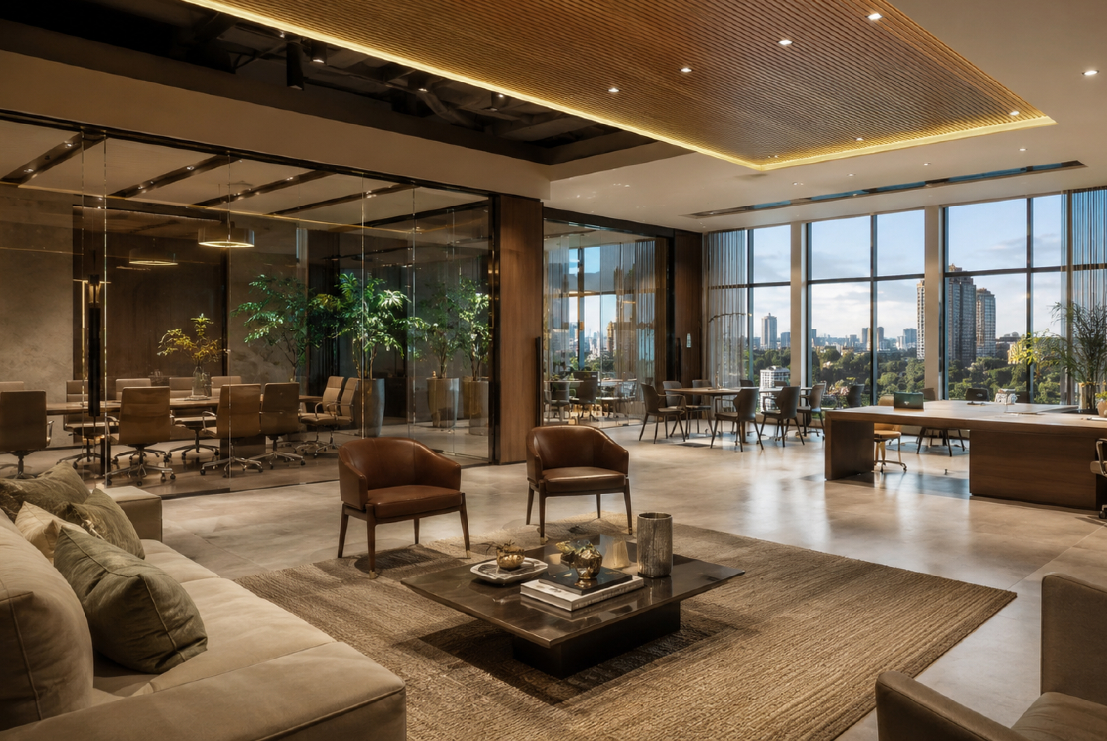 Luxury commercial interior designed with premium furniture, warm lighting, spacious planning, and refined detailing.