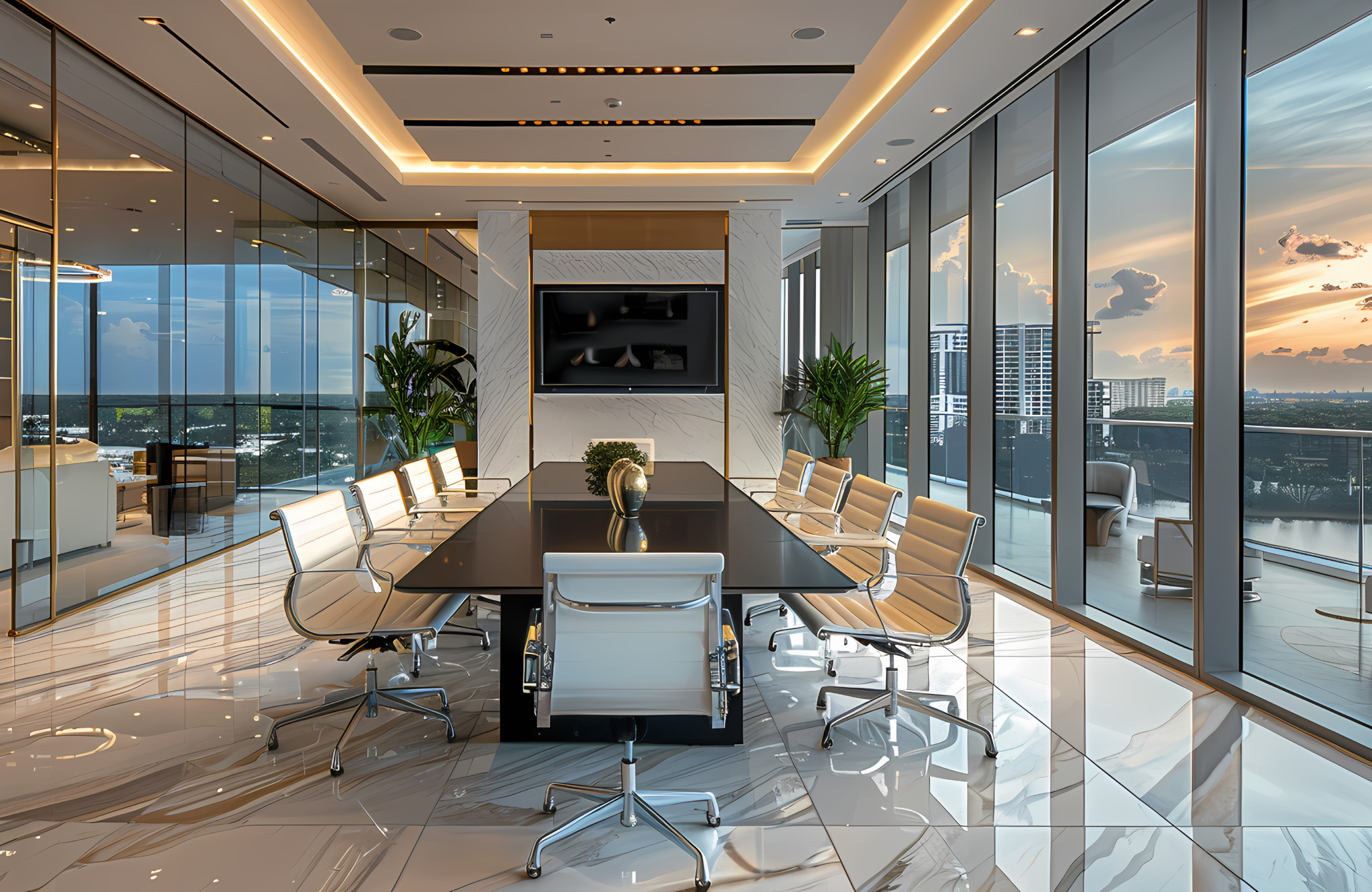 Luxury commercial interior with panoramic glazing, elegant dining furniture, modern finishes, and spacious architectural planning.