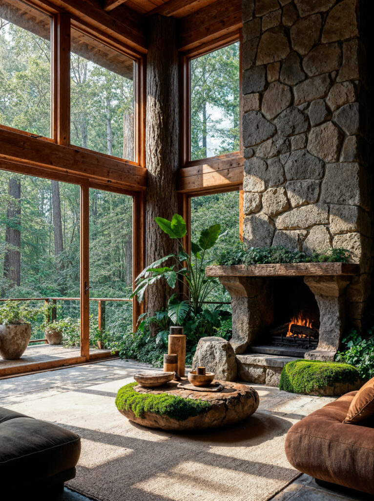 Luxury farmhouse interior featuring natural stone, timber, linen and textured finishes