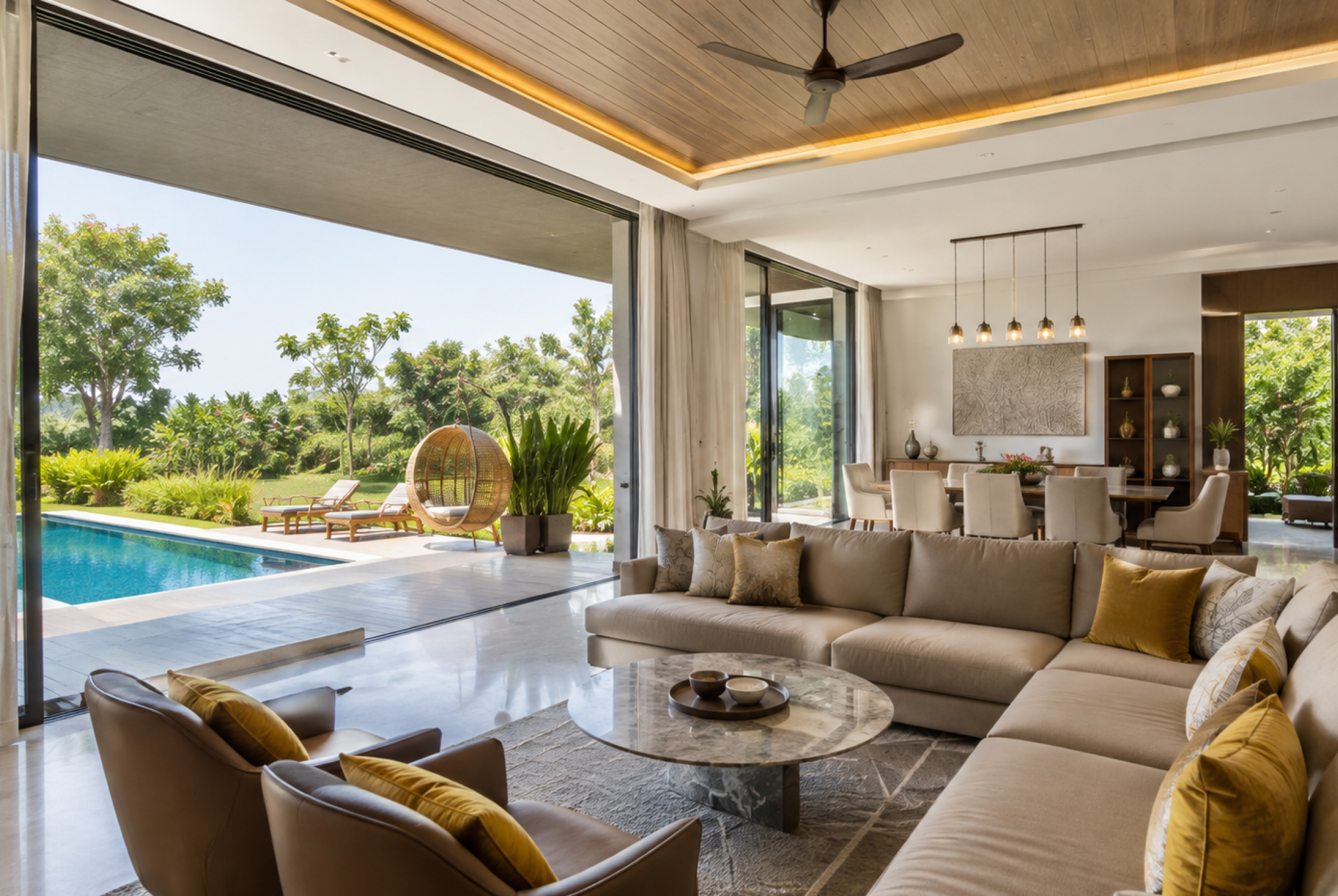 Luxury weekend home living room overlooking a pool and landscaped outdoor area through large glass openings.