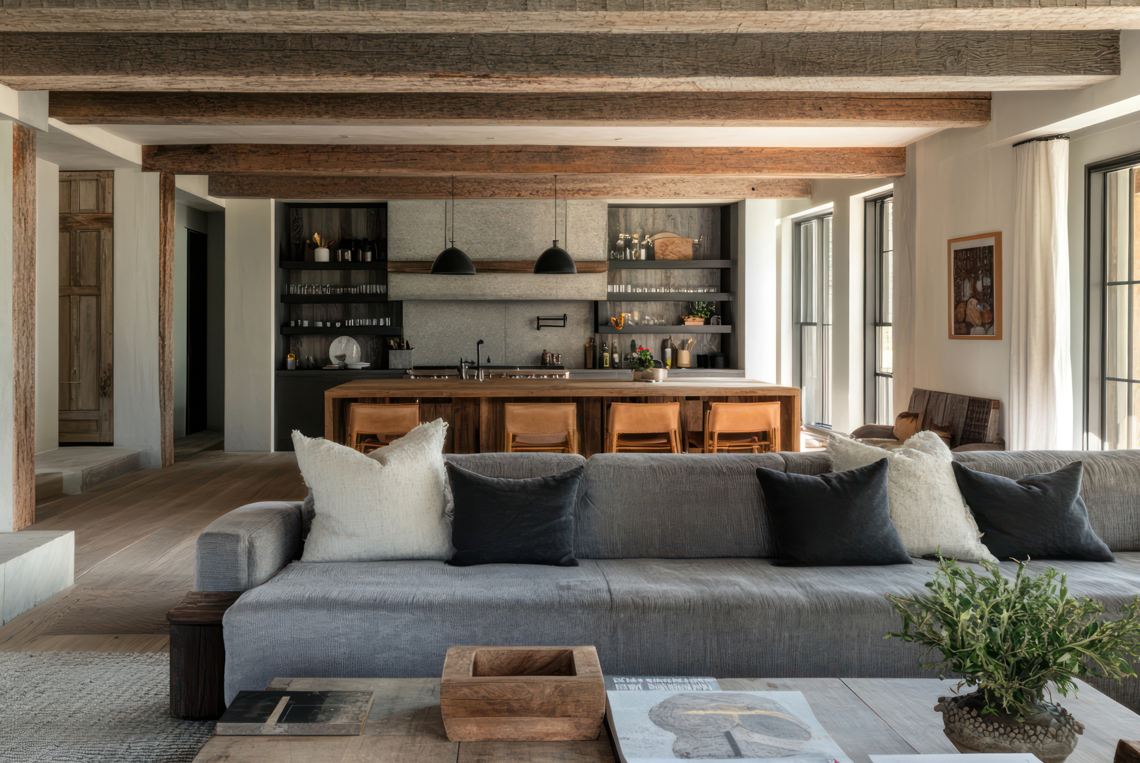 Modern luxury farmhouse interior with elegant furniture and sophisticated natural textures