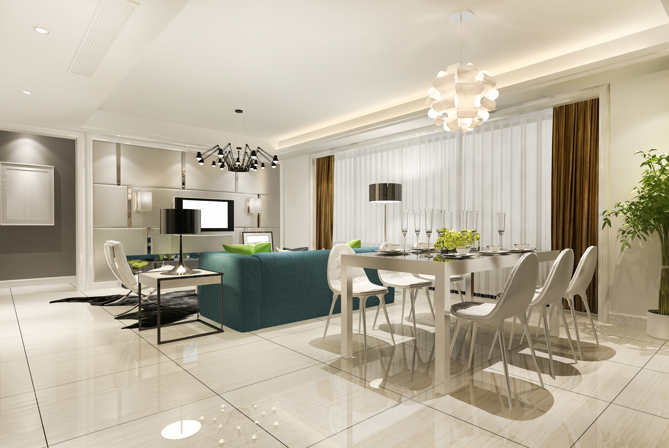 Modern studio apartment with an open living and dining area, contemporary furniture, and bright natural lighting.