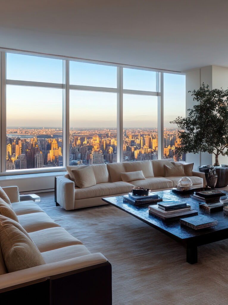 Luxury penthouse living room with panoramic city views, refined furniture, and natural light.