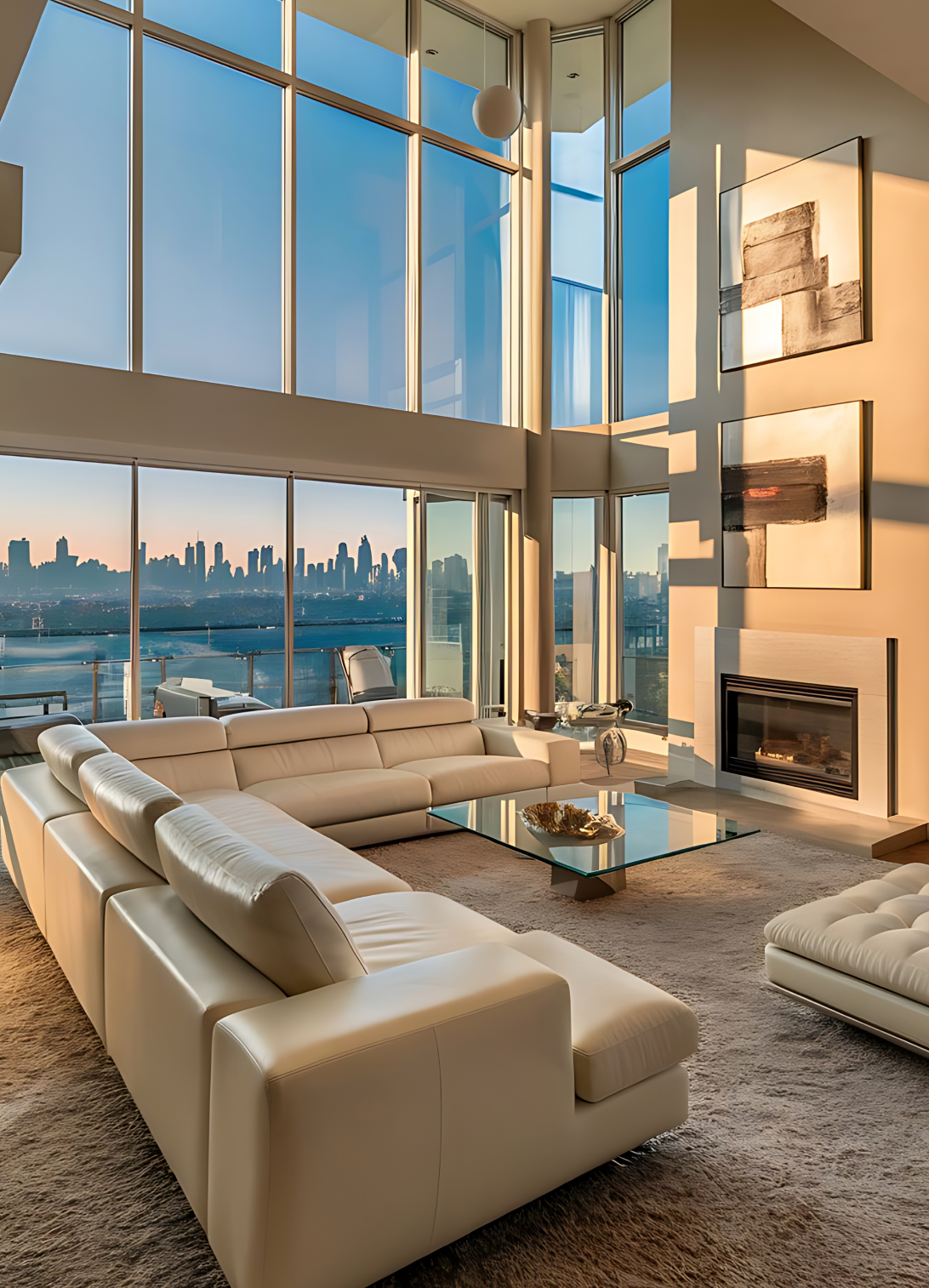 Timeless materials and layered lighting creating a sophisticated luxury penthouse interior.