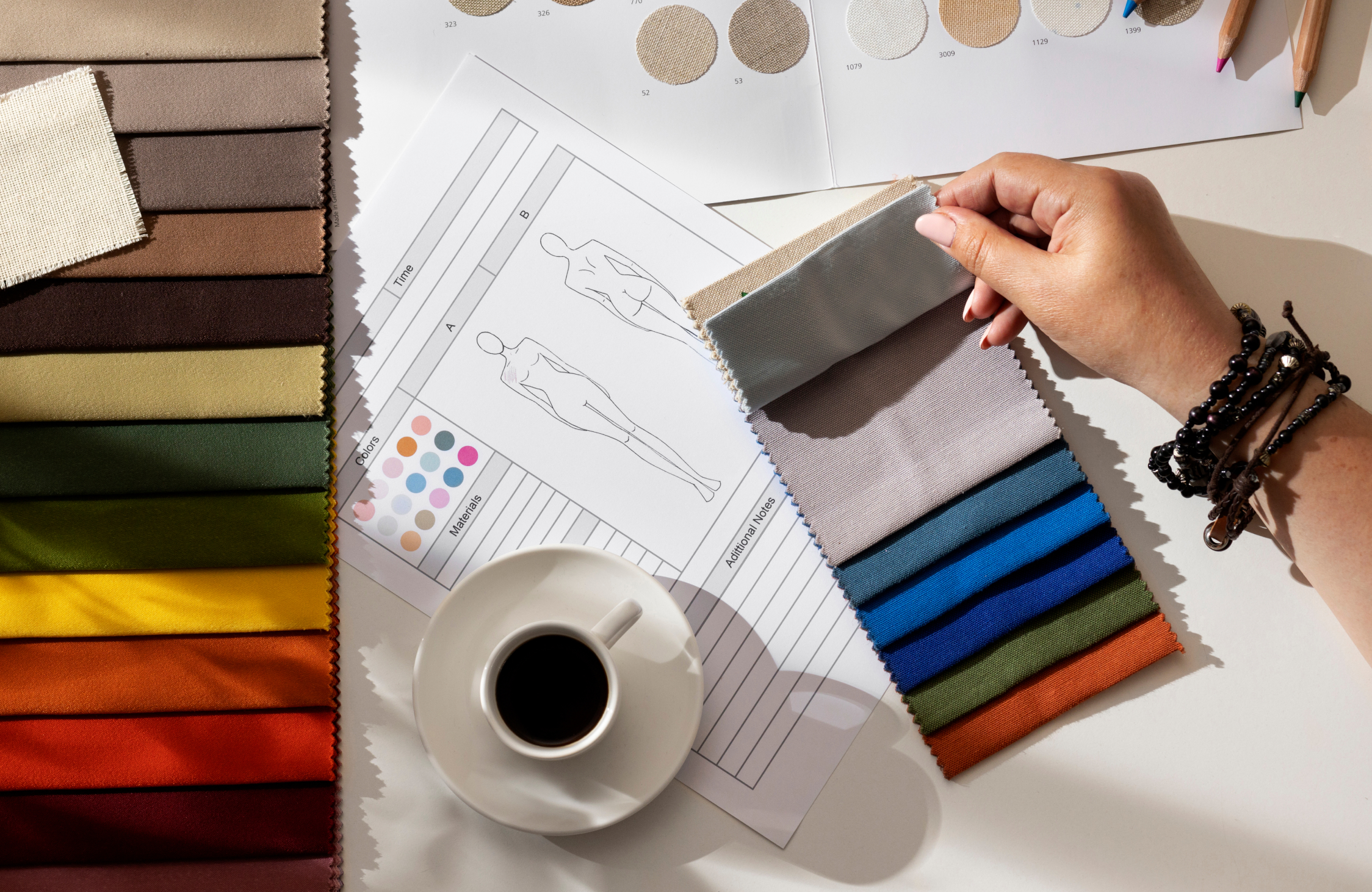 Bespoke luxury interior design planning with architectural drawings, material samples, and customized design selections.