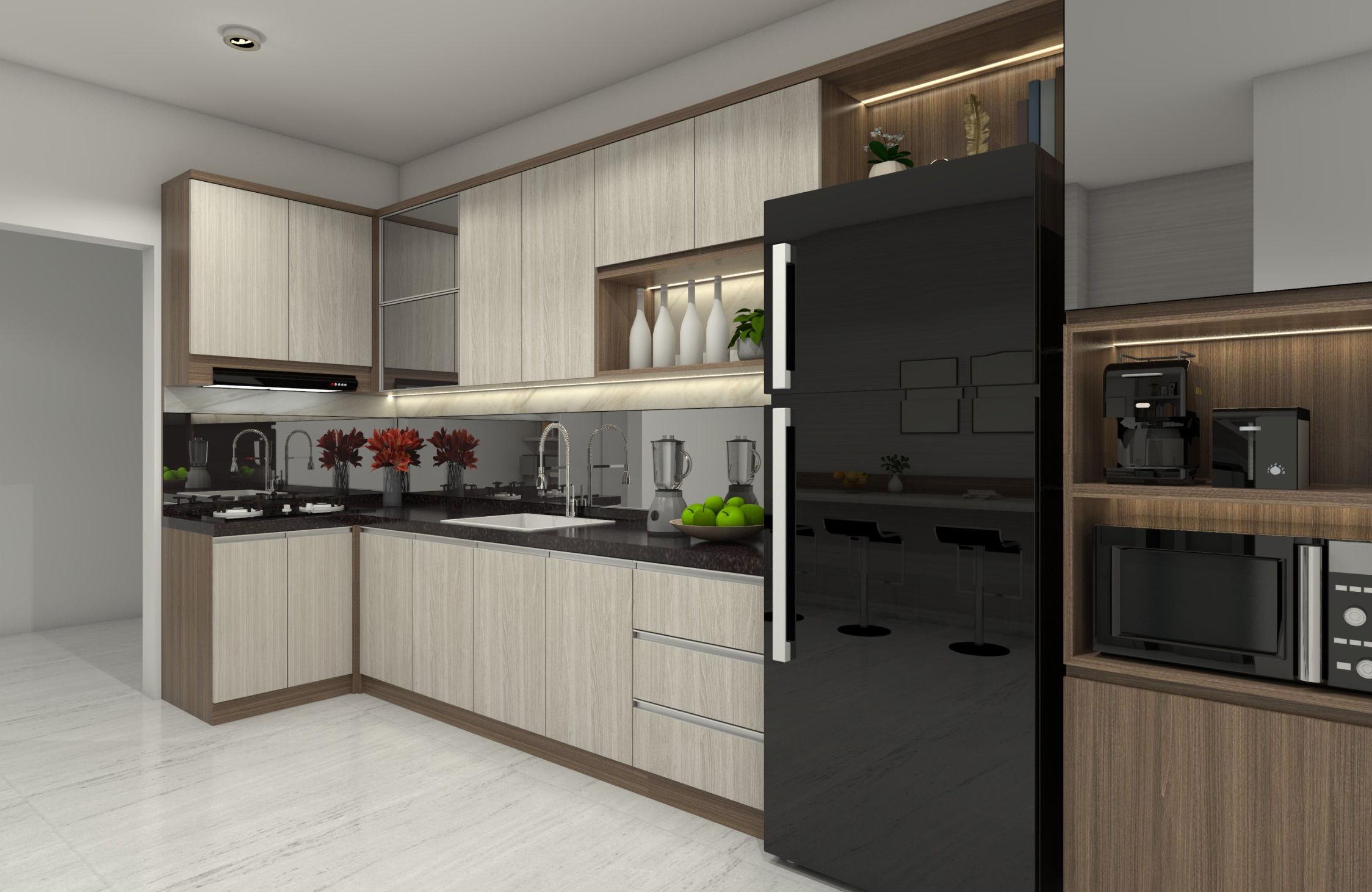 Contemporary modular kitchen with white and wood-finish cabinetry, built-in appliances, practical storage, and modern design.