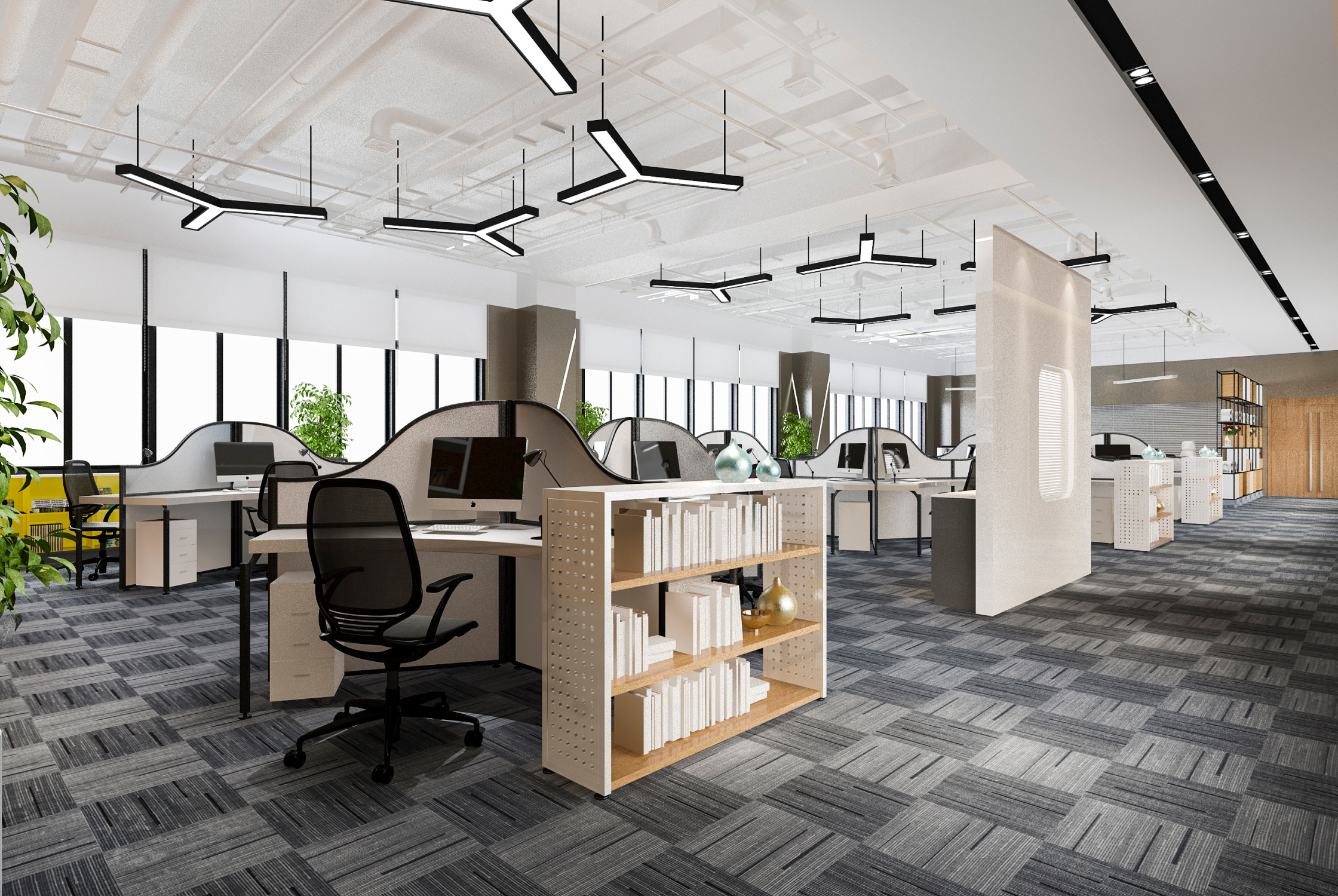 Flexible modern office workspace with open workstations, collaborative seating, natural light, and efficient space planning.
