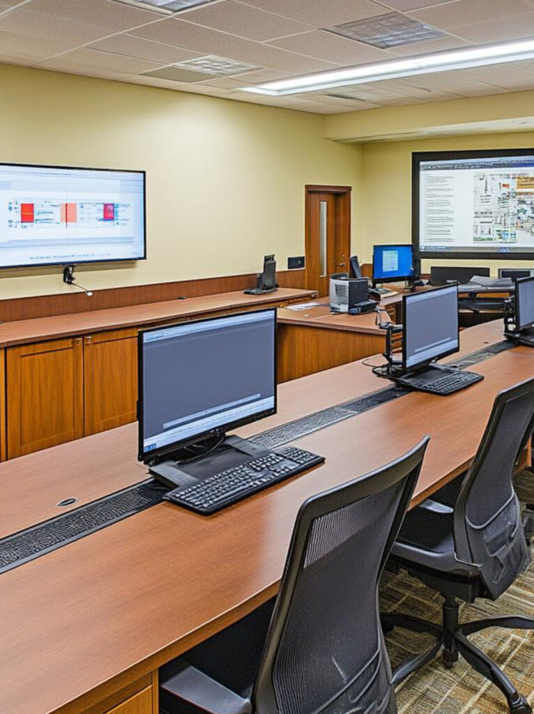 Government office computer workstation area with modern desks, office equipment, organised seating, and efficient workspace planning.