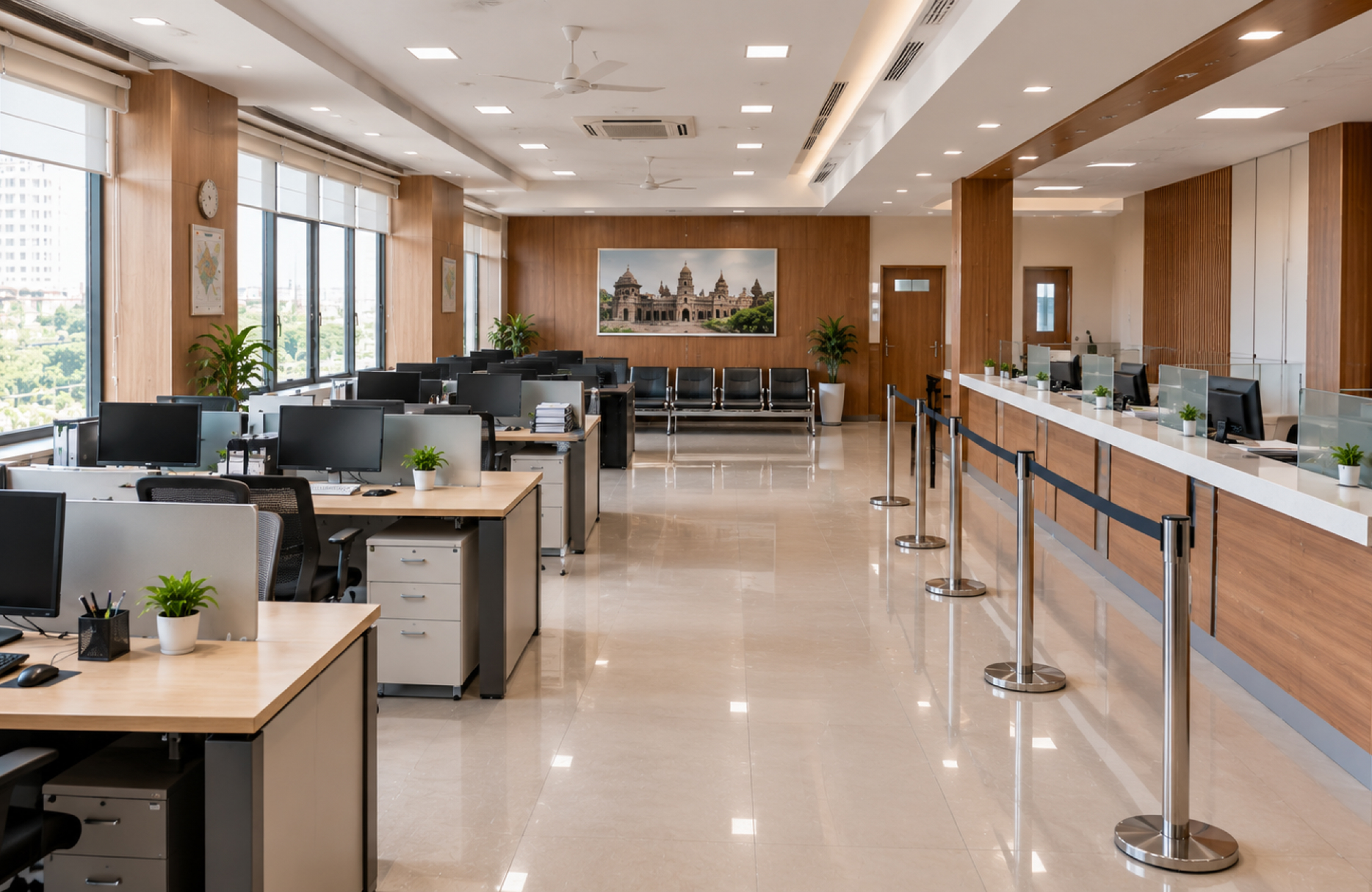 Modern government office reception and workspace with organised desks, visitor circulation, storage, and professional finishes.