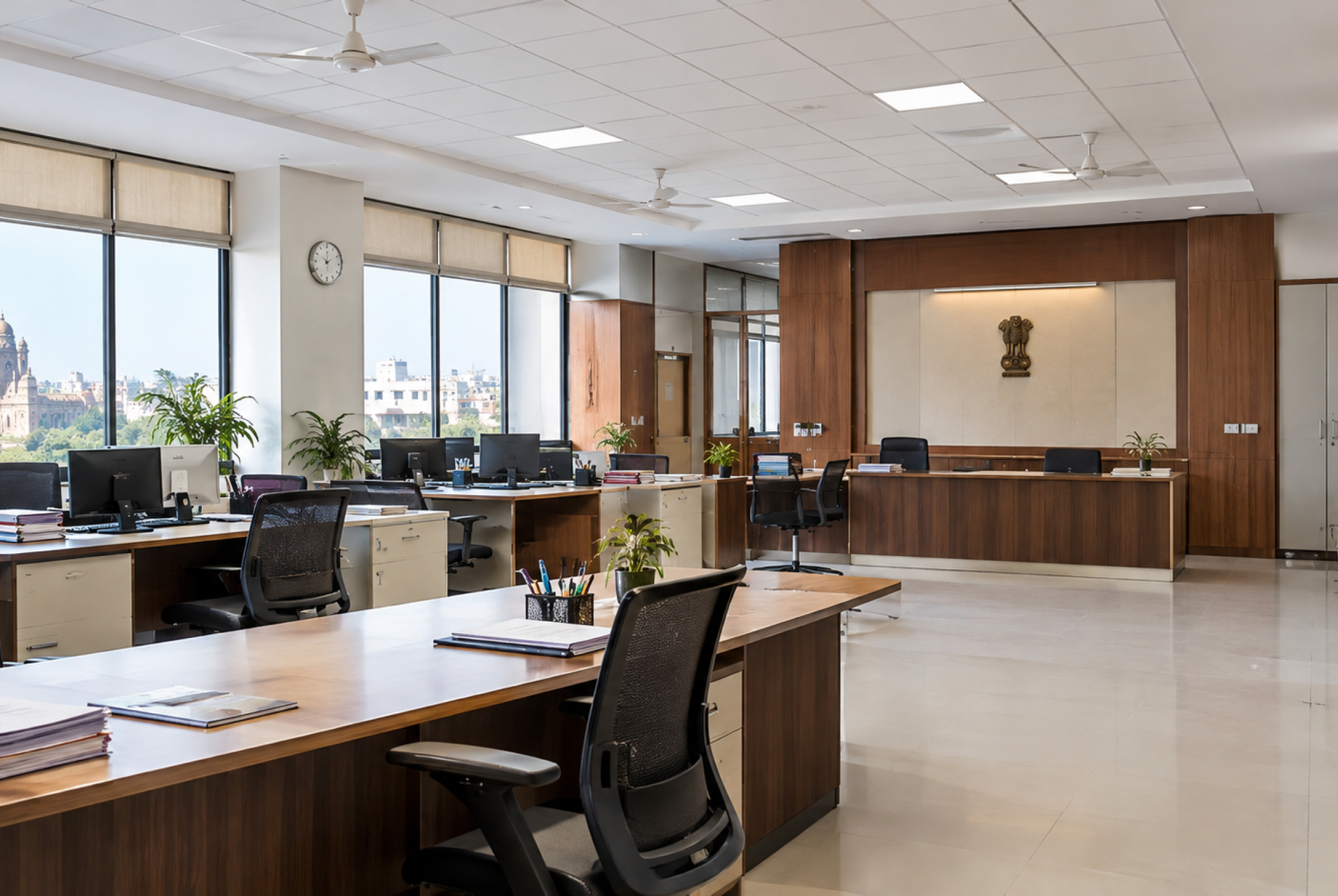 Government office workstation area with organised desks, ergonomic chairs, storage, natural light, and practical space planning.
