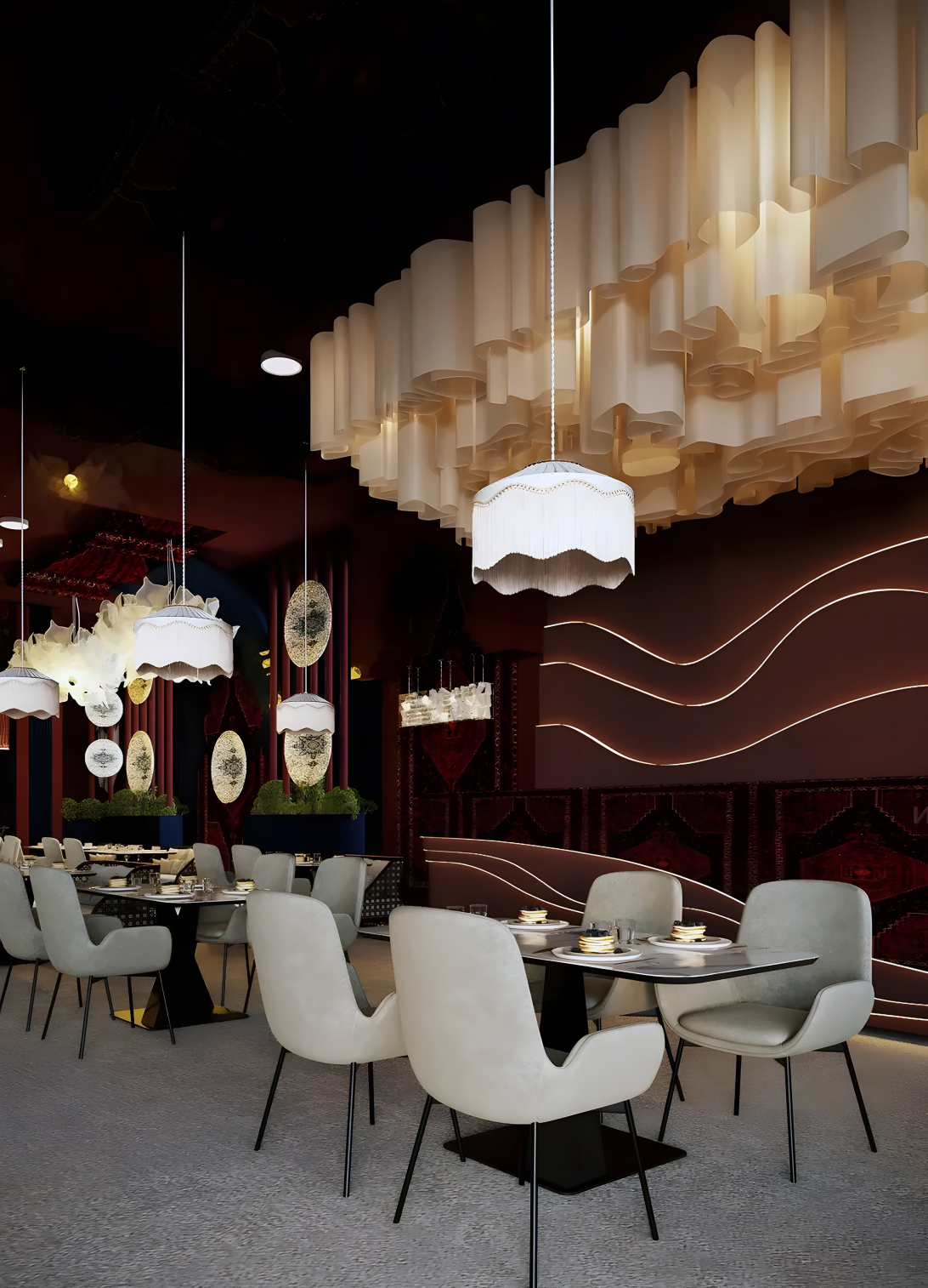 Luxury franchise outlet interior with elegant seating, statement lighting, premium finishes, and a sophisticated customer experience.