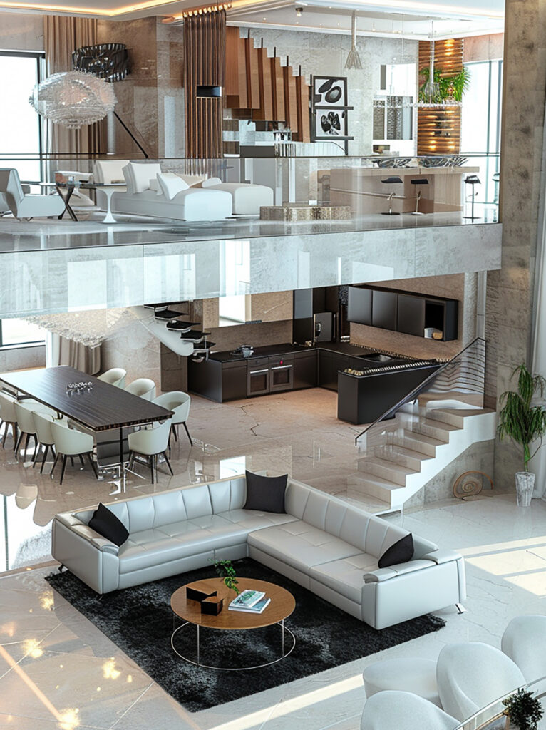 Luxury home interior with open space planning, contemporary furniture, natural light, and coordinated finishes.