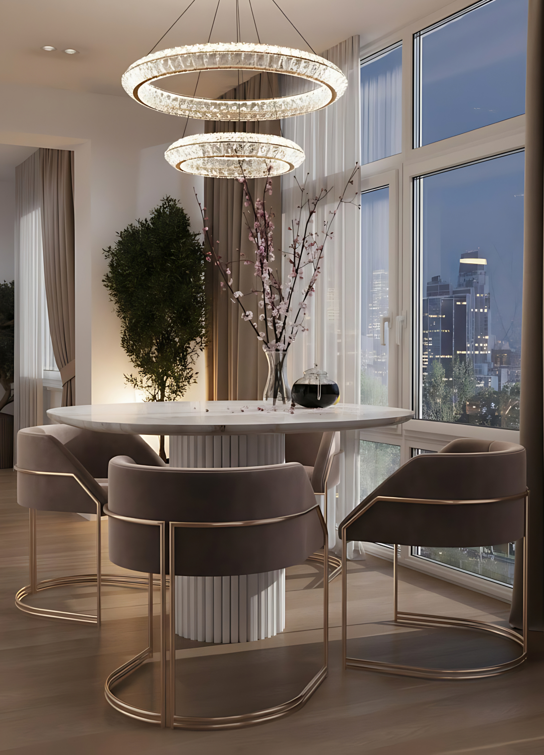 Luxury interior design living space with elegant furniture, statement lighting, premium finishes, and sophisticated detailing.