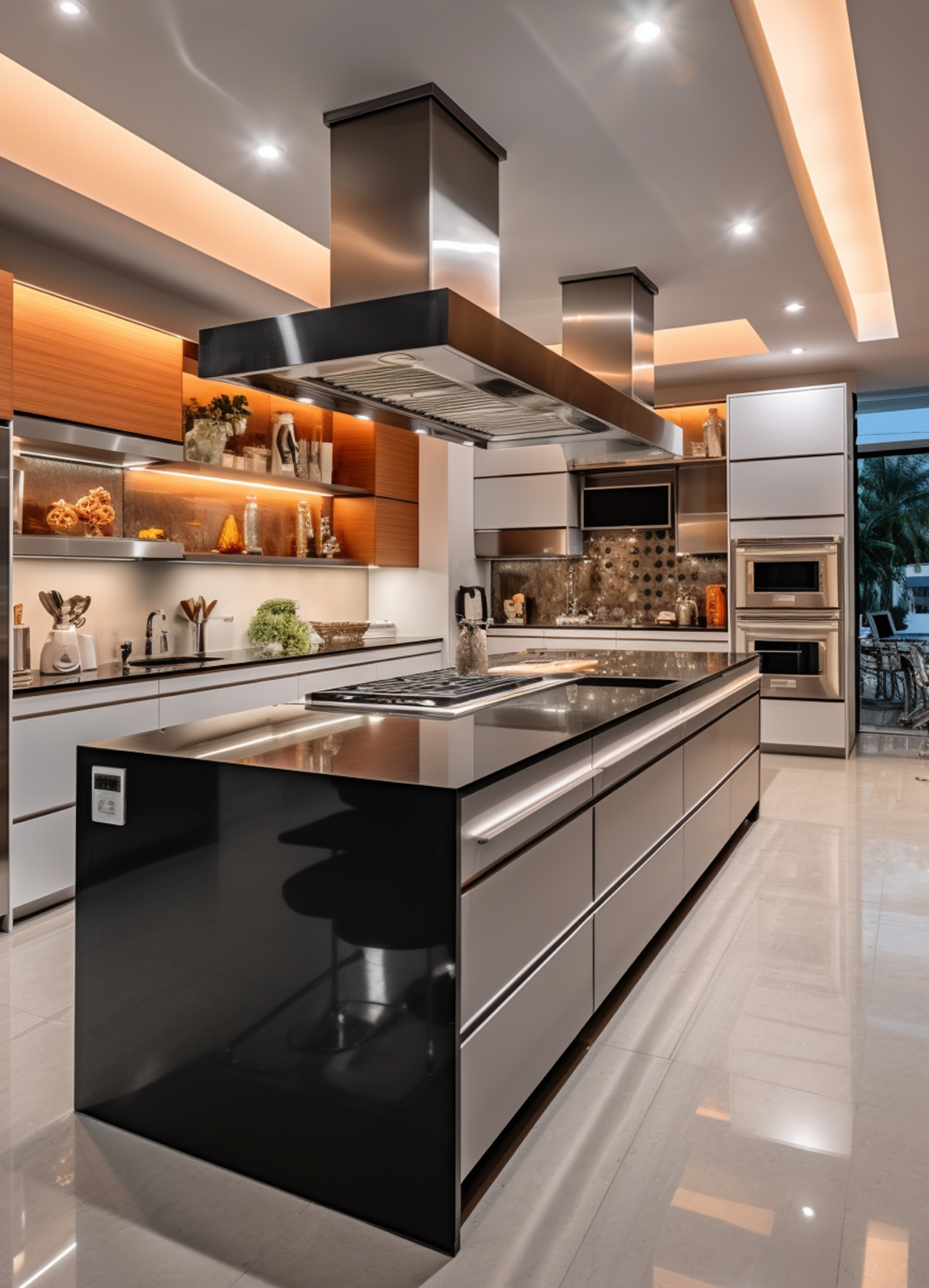 Luxury modular kitchen with a sleek island, warm wood finishes, integrated storage, and contemporary lighting.