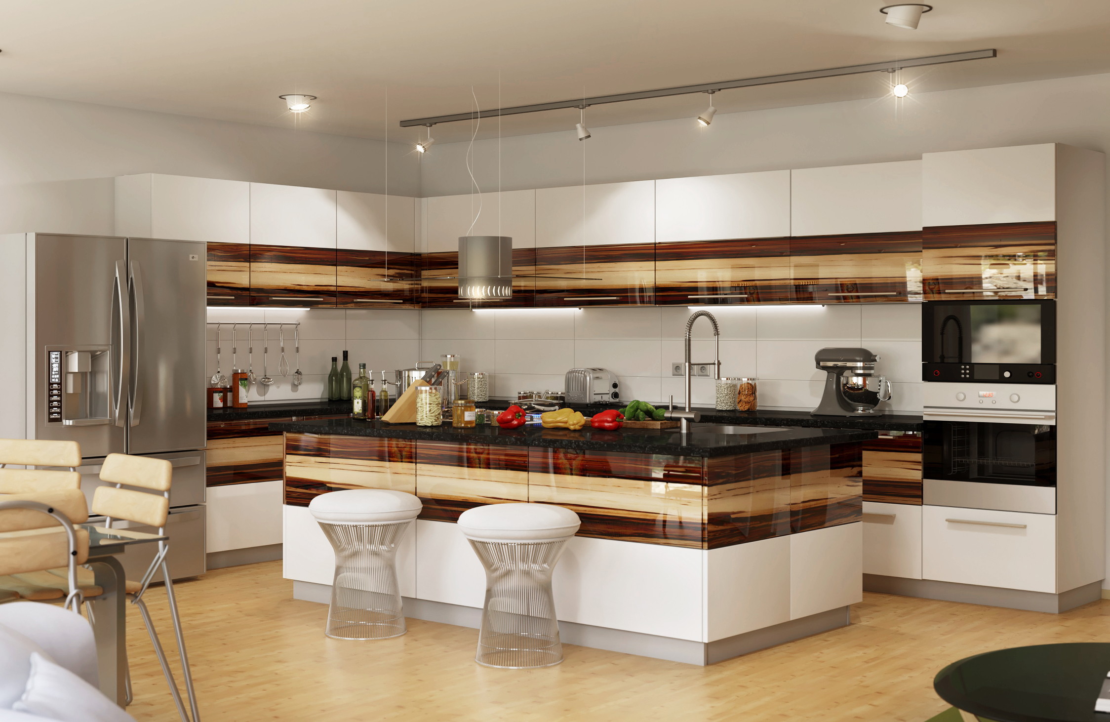 Spacious luxury modular kitchen with a large island, premium cabinetry, integrated appliances, warm finishes, and stylish lighting.