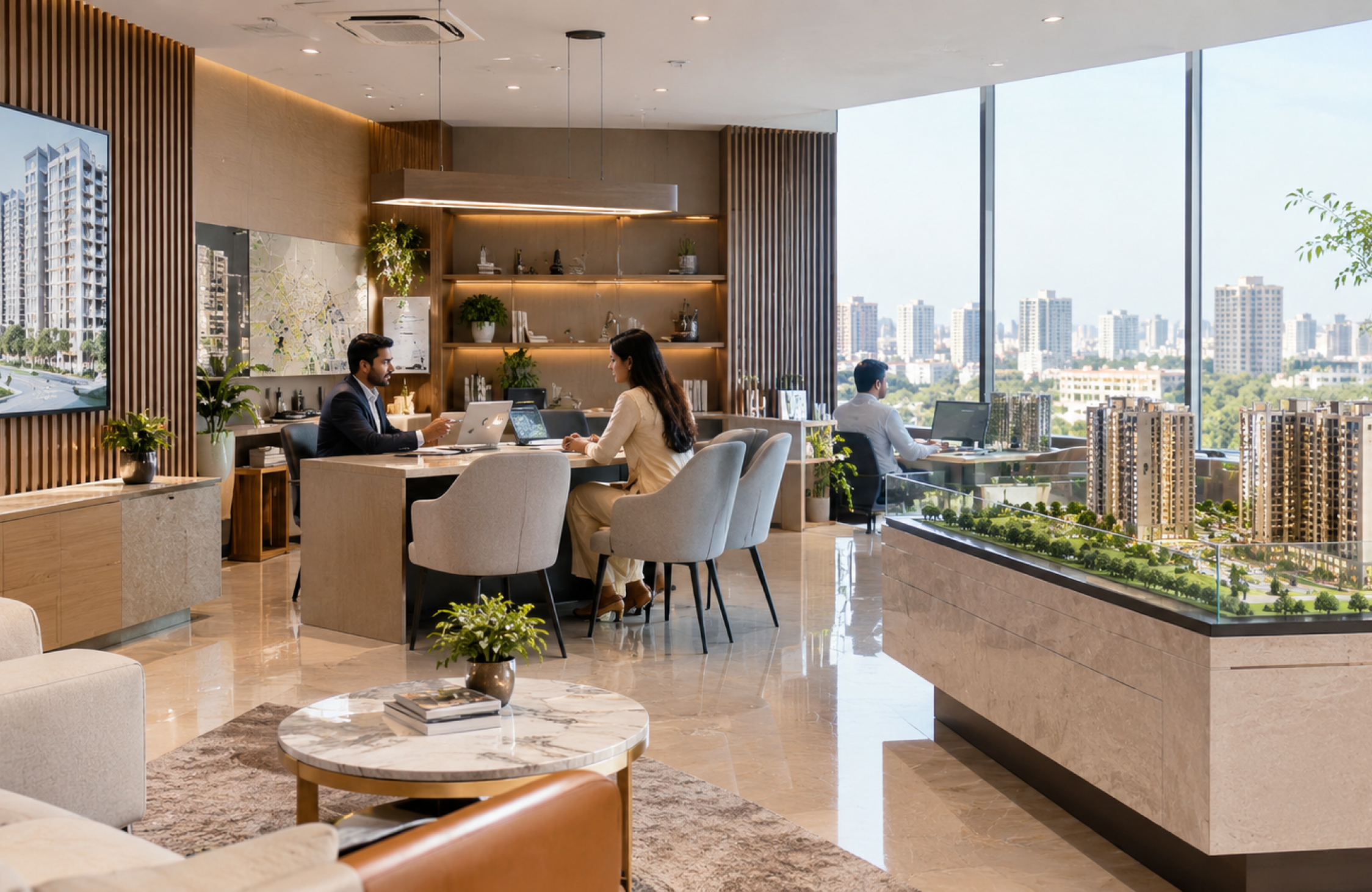 Luxury real estate office workspace with open seating, premium finishes, indoor greenery, and city views.