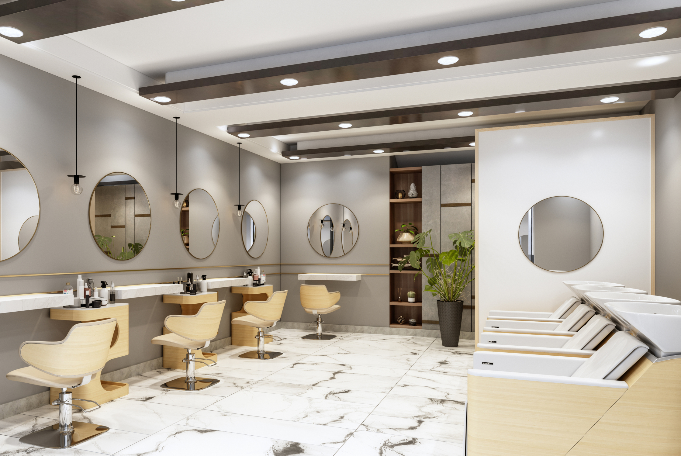 Modern beauty salon with multiple styling stations, large mirrors, comfortable chairs, and premium interior finishes.