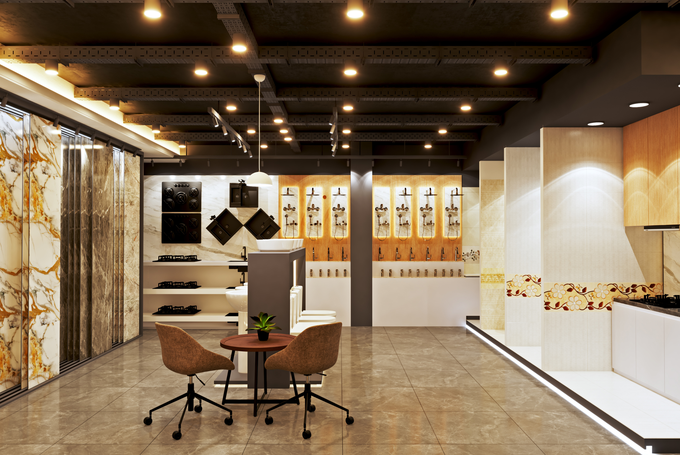 Modern franchise showroom interior with organised displays, customer seating, feature lighting, and efficient commercial space planning.