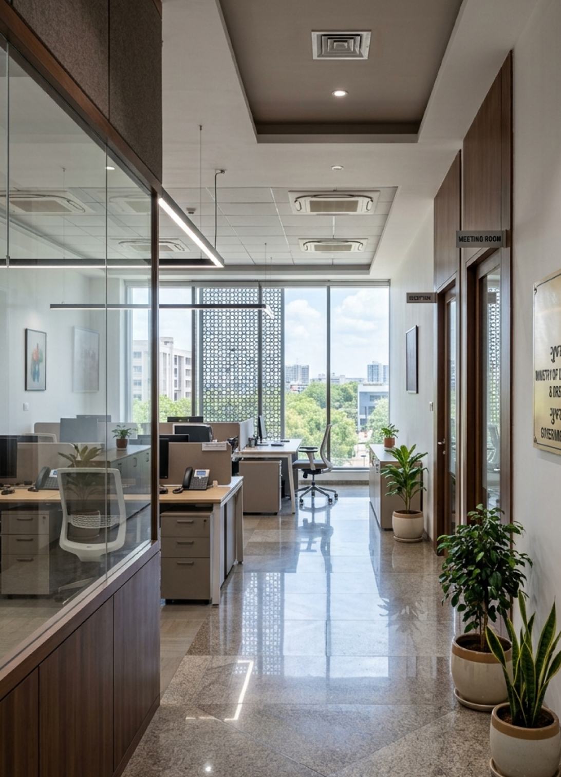 Modern government office interior with organised work areas, storage, glass partitions, and professional lighting.