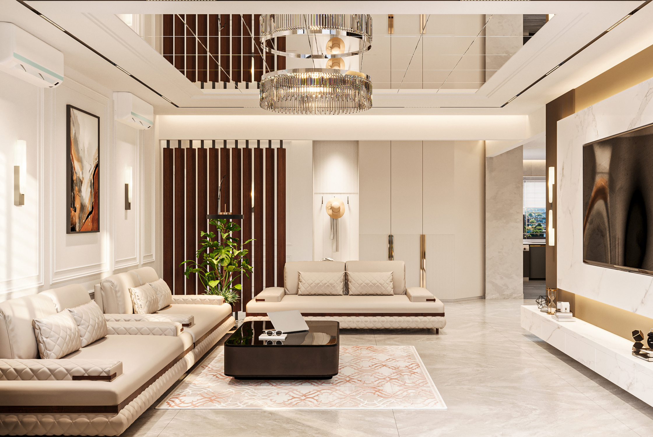 Modern luxury home interior with refined furniture, neutral colours, feature walls, and contemporary lighting.