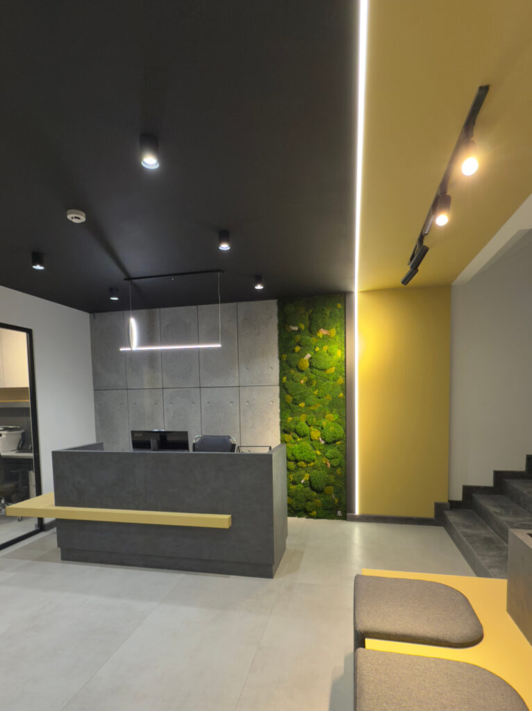 Modern office consultation area with comfortable seating, contemporary furniture, and a professional interior environment.