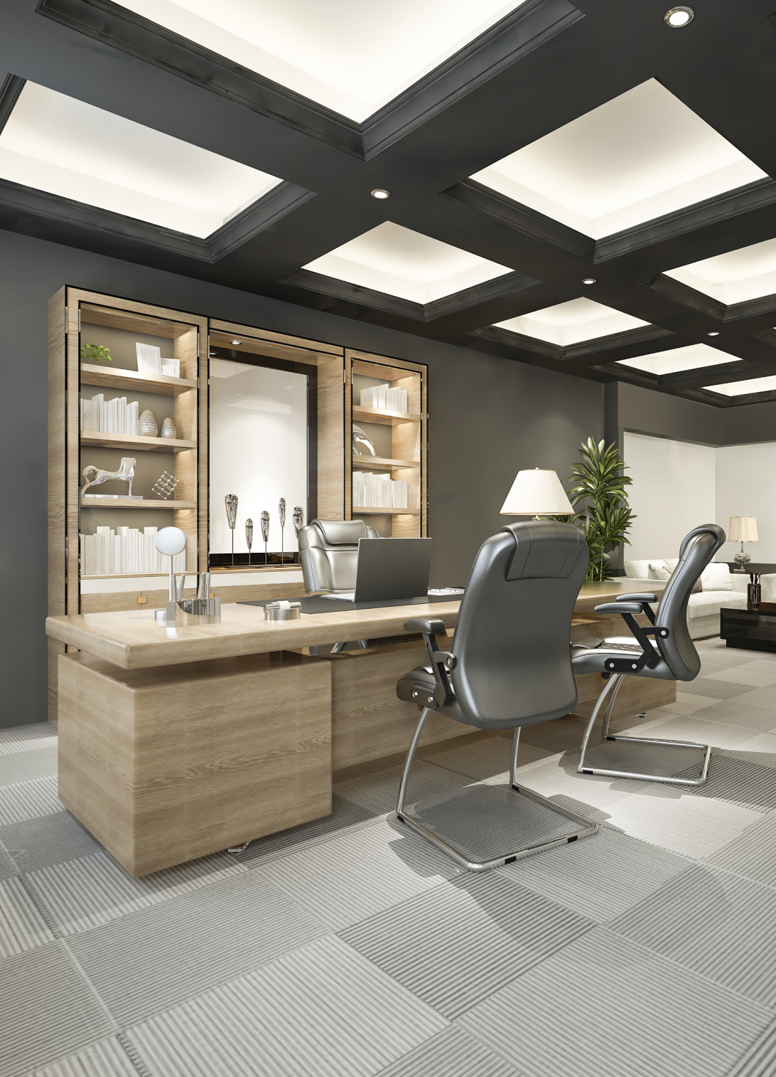 Modern real estate office interior with a private executive workspace, custom furniture, and sophisticated ceiling lighting.