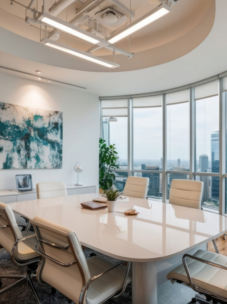 Modern real estate office meeting room with contemporary furniture, panoramic windows, and sophisticated interior detailing.