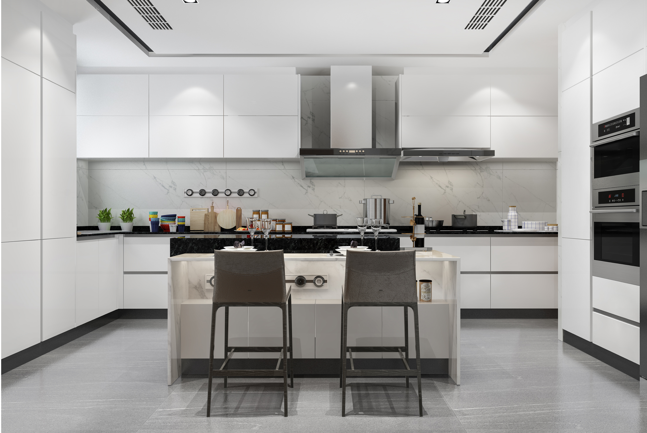Modern white modular kitchen with central island, streamlined cabinets, built-in appliances, and clean contemporary finishes.