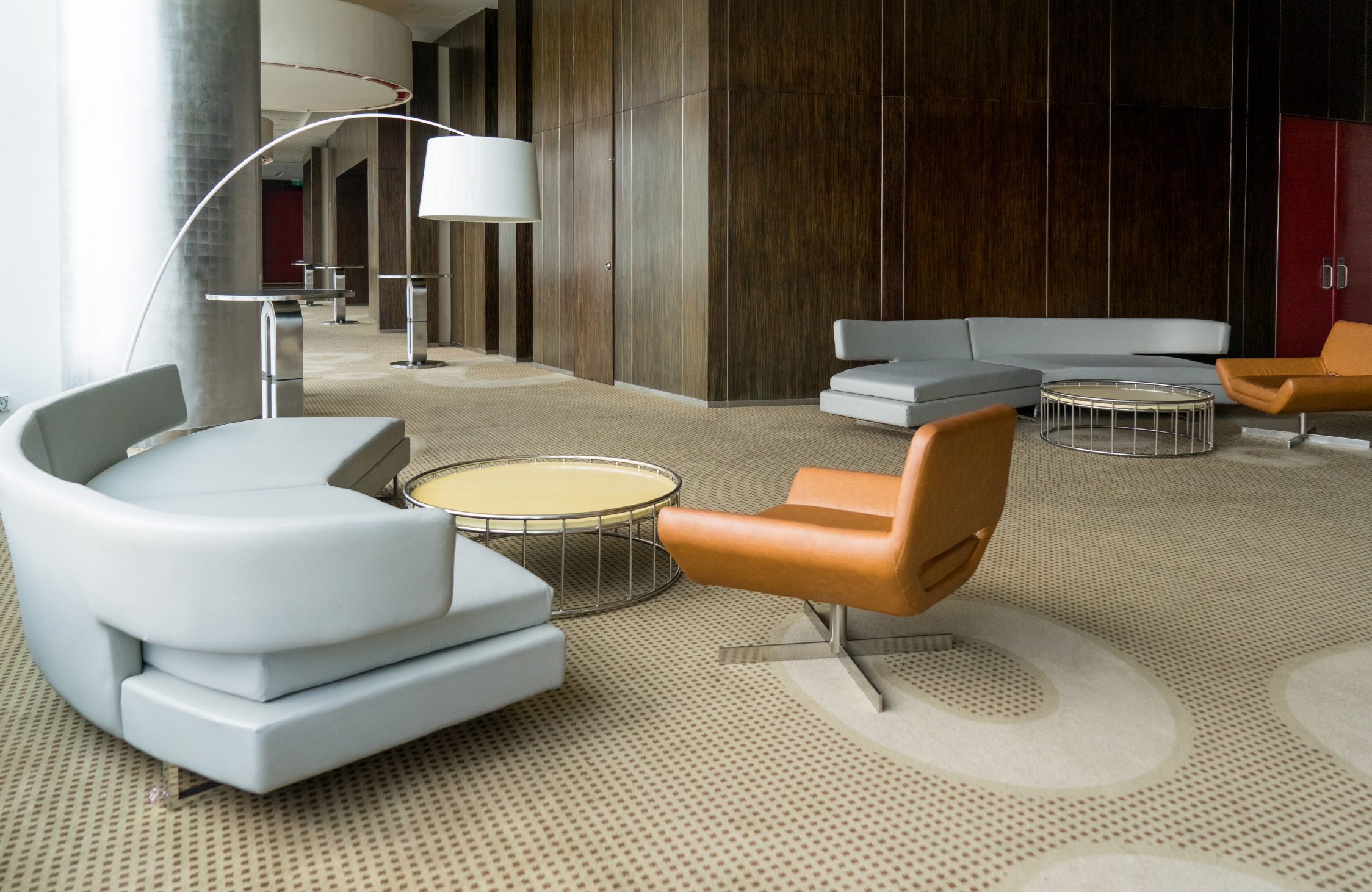 Office interior design material selection with floor plans, colour samples, fabric swatches, and finish options.