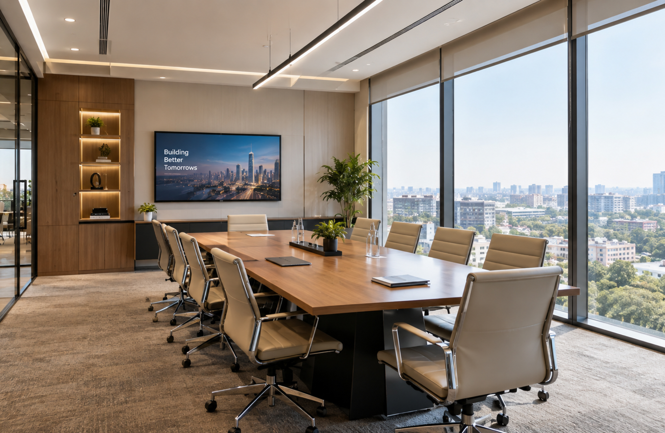 Real estate office conference room with a large meeting table, comfortable seating, integrated display, and city views.