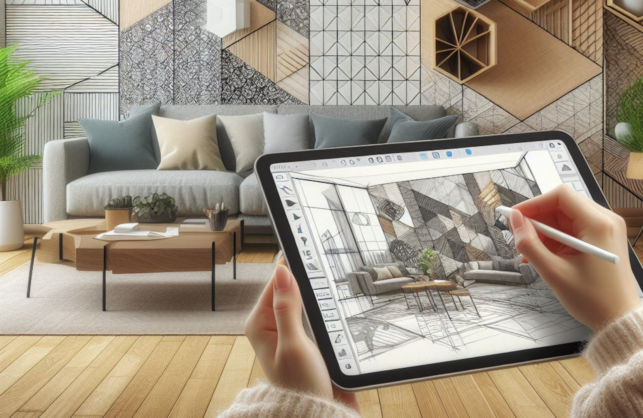 3D interior design visualization displayed on a tablet showing a contemporary living room with modern furniture and finishes.