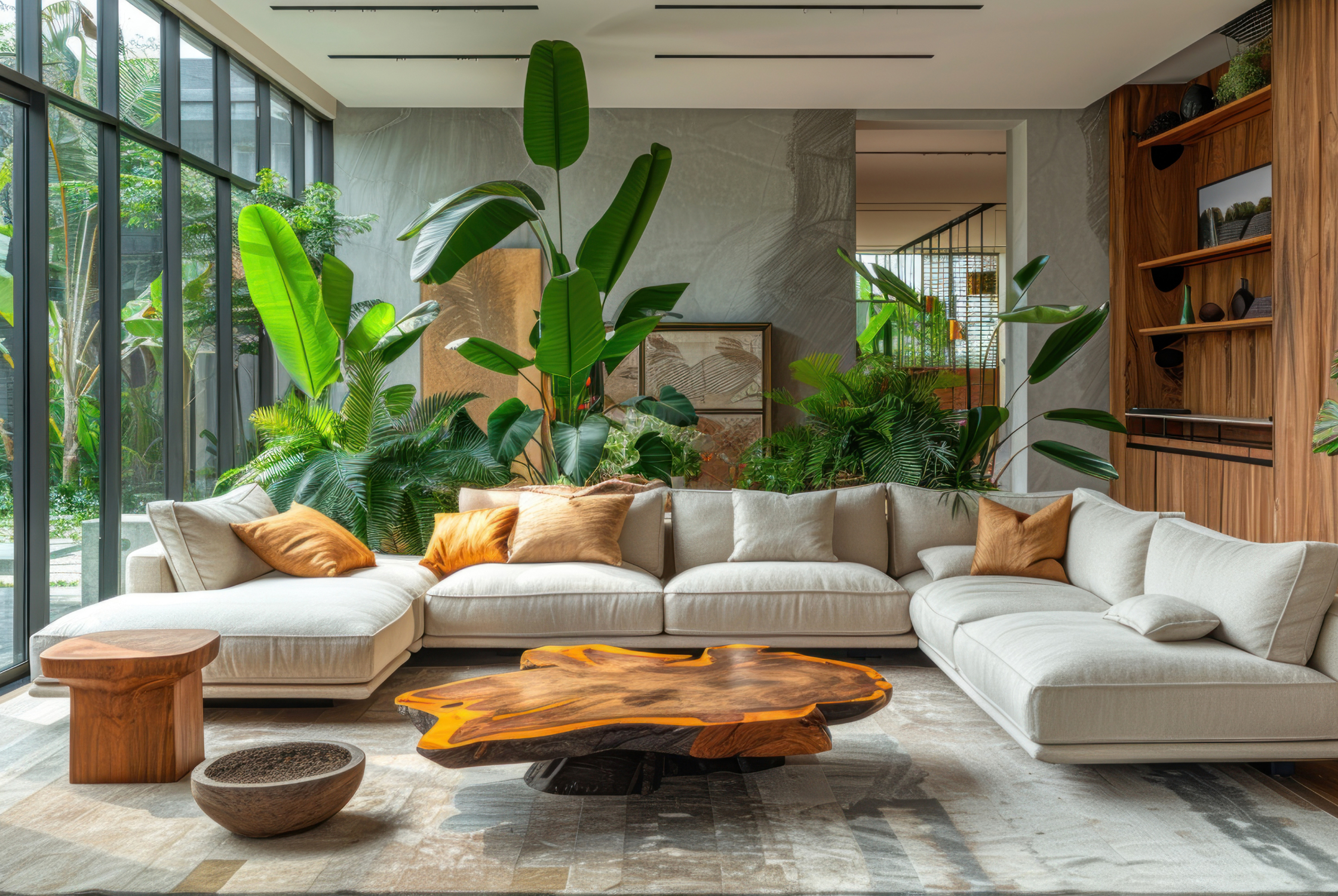 Biophilic sustainable living room with abundant greenery, natural materials, large windows, and comfortable contemporary furniture.