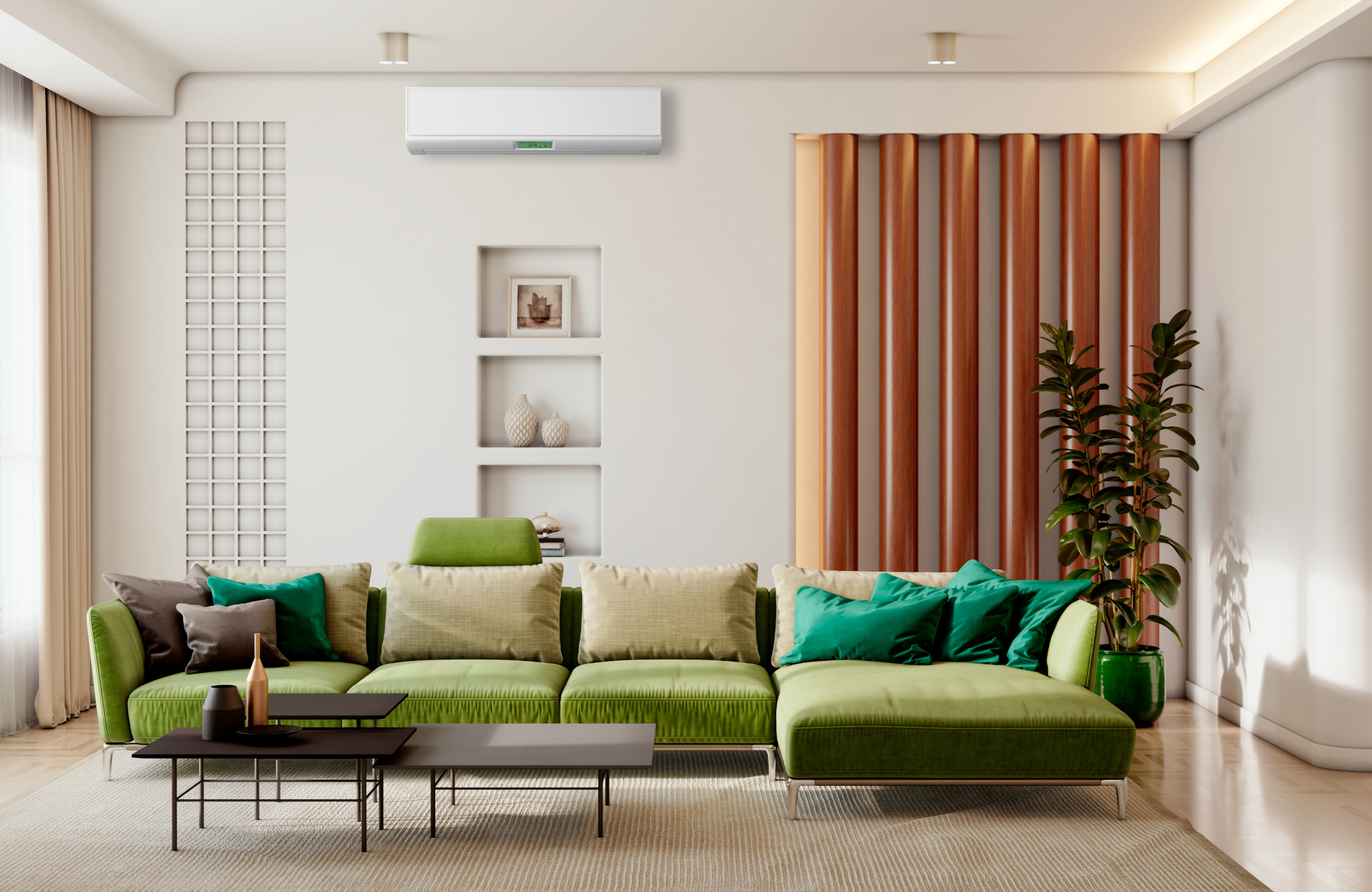 Eco-friendly contemporary living room with green furniture, natural light, indoor plants, and warm modern finishes.